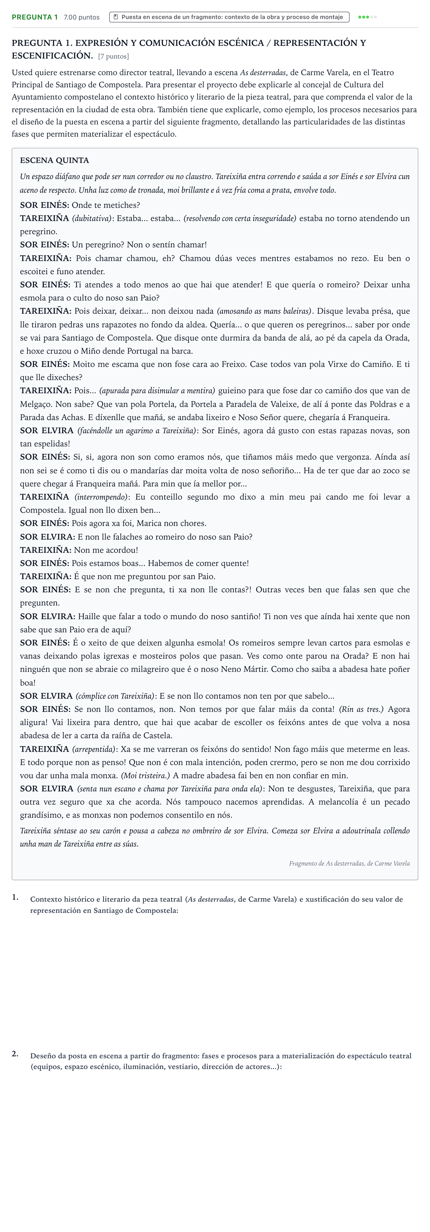 Enunciado: Pregunta 1 · Artes Escénicas PAU Galicia Ordinaria 2025
