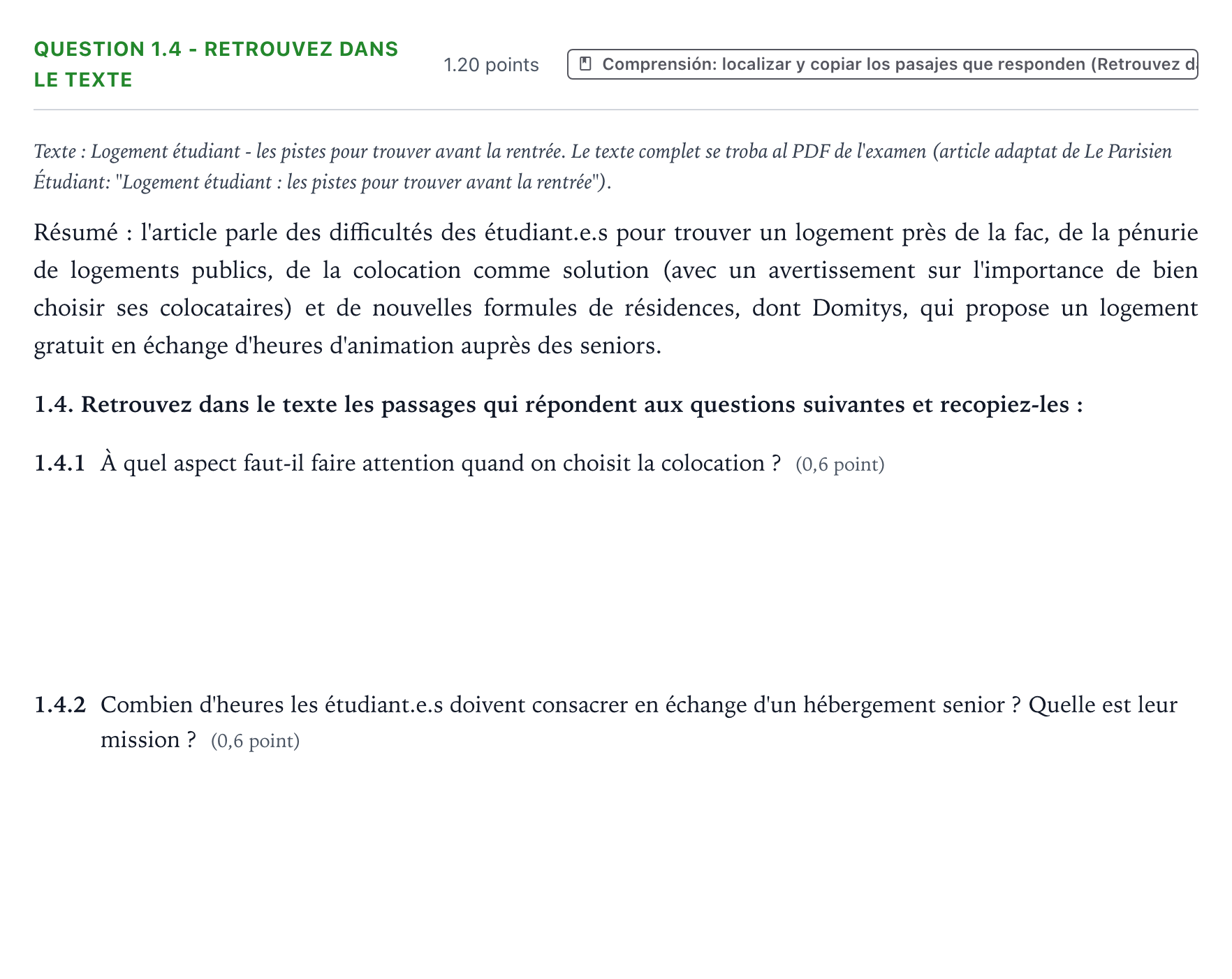 Enunciado: Question 1.4 - Retrouvez dans le texte · Francés PAU Galicia Extraordinaria (2ª lengua extranjera) 2025
