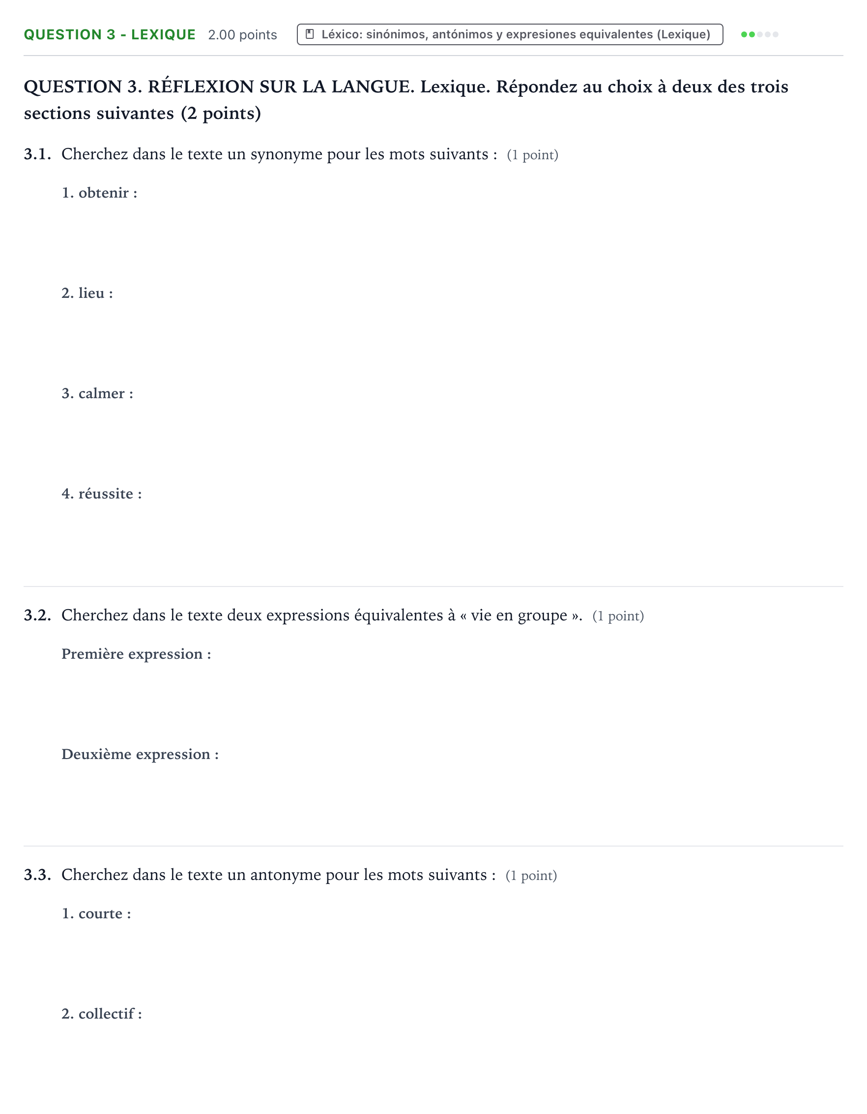 Enunciado: Question 3 - Lexique · Francés PAU Galicia Extraordinaria (2ª lengua extranjera) 2025