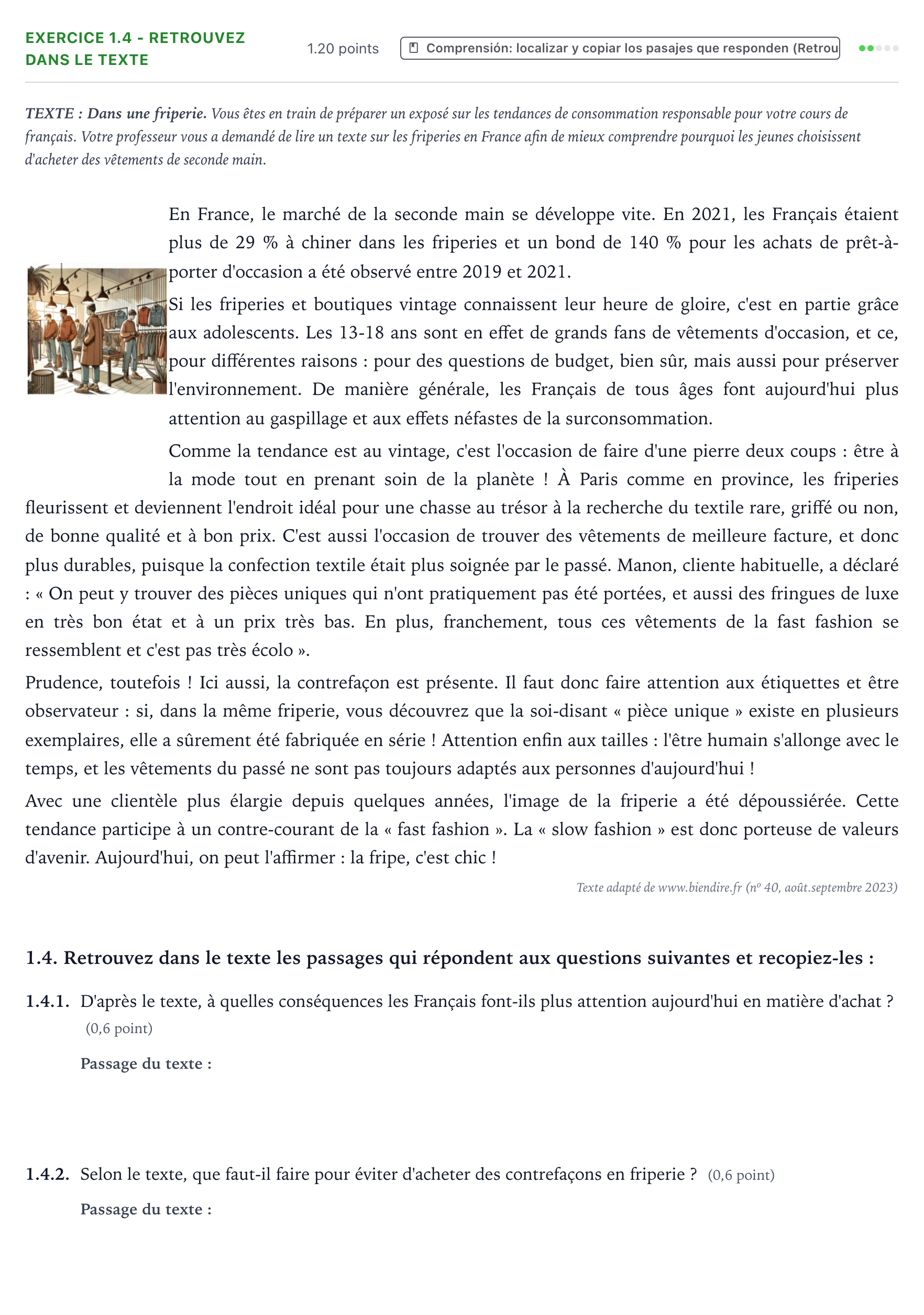 Enunciado: Ejercicio 1.4 - Retrouvez dans le texte · Francés PAU Galicia Ordinaria (2ª lengua extranjera) 2025