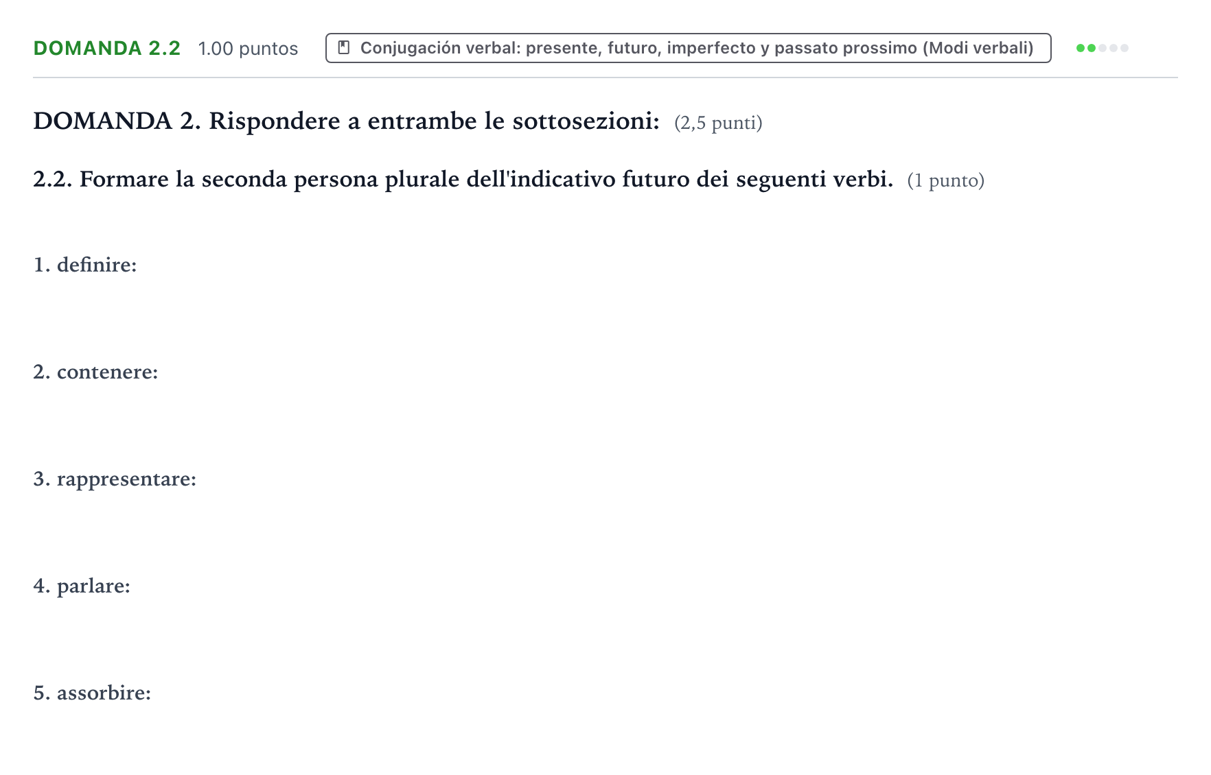 Enunciado: Ejercicio Domanda 2.2 · Italiano PAU Galicia Extraordinaria (2ª lengua extranjera) 2025