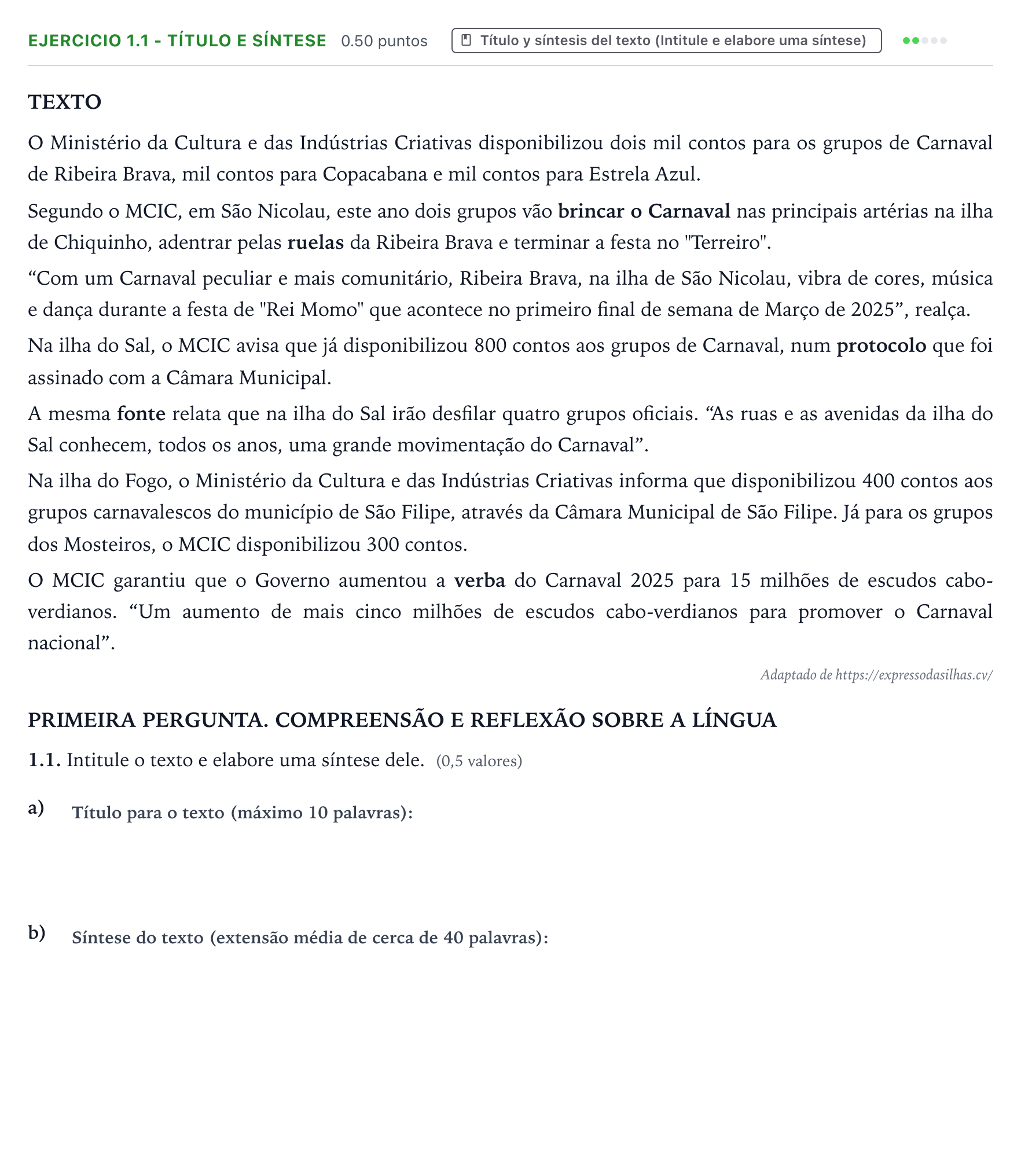 Enunciado: Ejercicio 1.1 - Título e síntese · Portugués PAU Galicia Ordinaria (2ª lengua extranjera) 2025