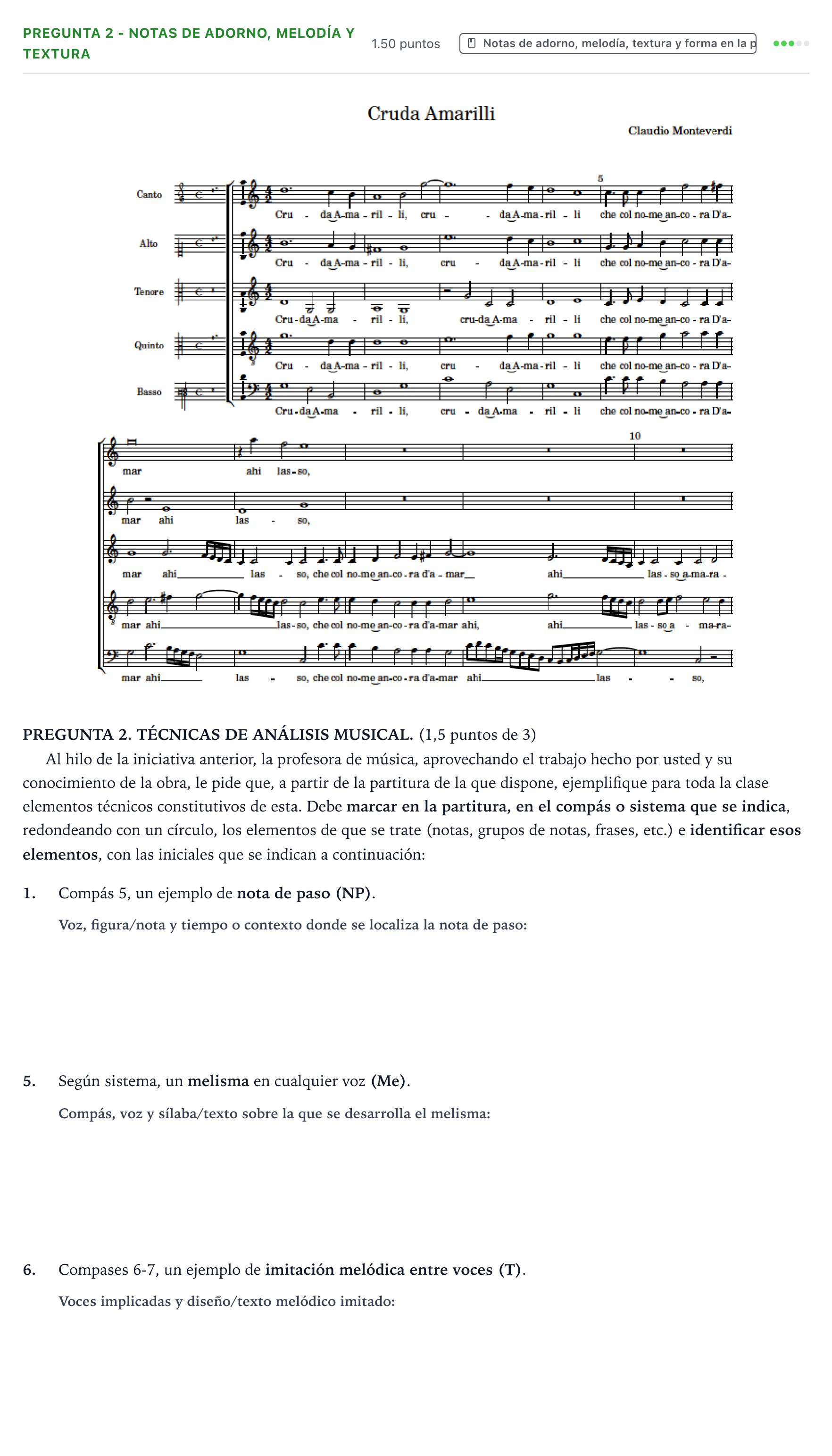 Enunciado: Pregunta 2 - Notas de adorno, melodía y textura · Análisis Musical II PAU Galicia Ordinaria 2025