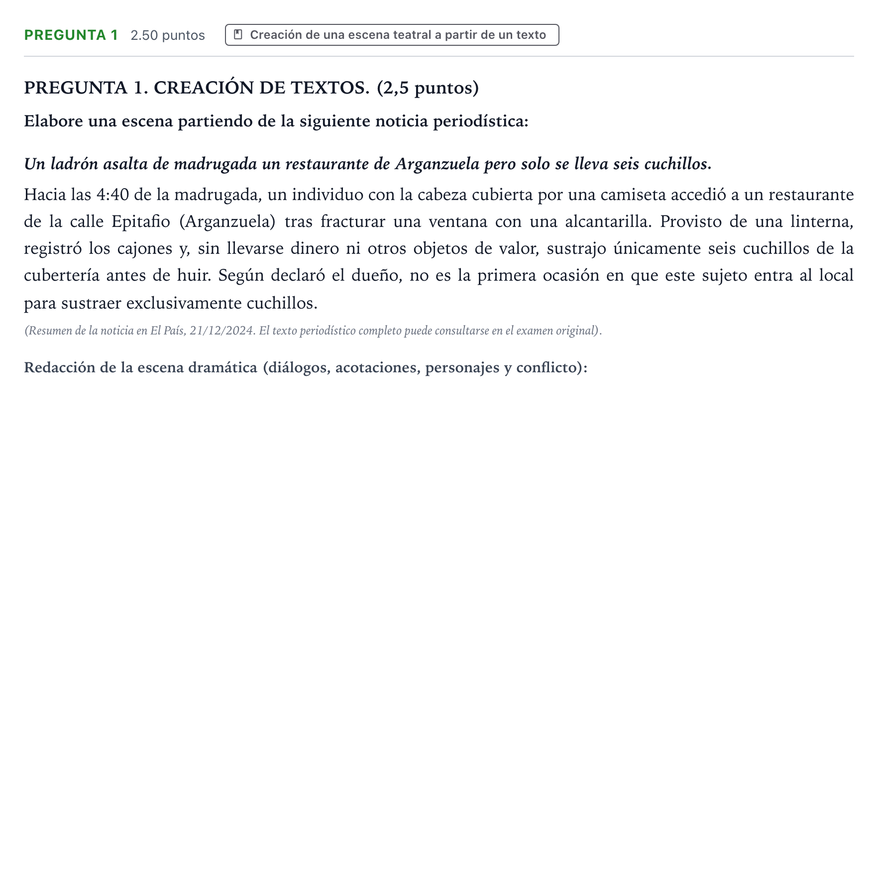 Enunciado: Pregunta 1 · Literatura Dramática PAU Galicia Extraordinaria 2025