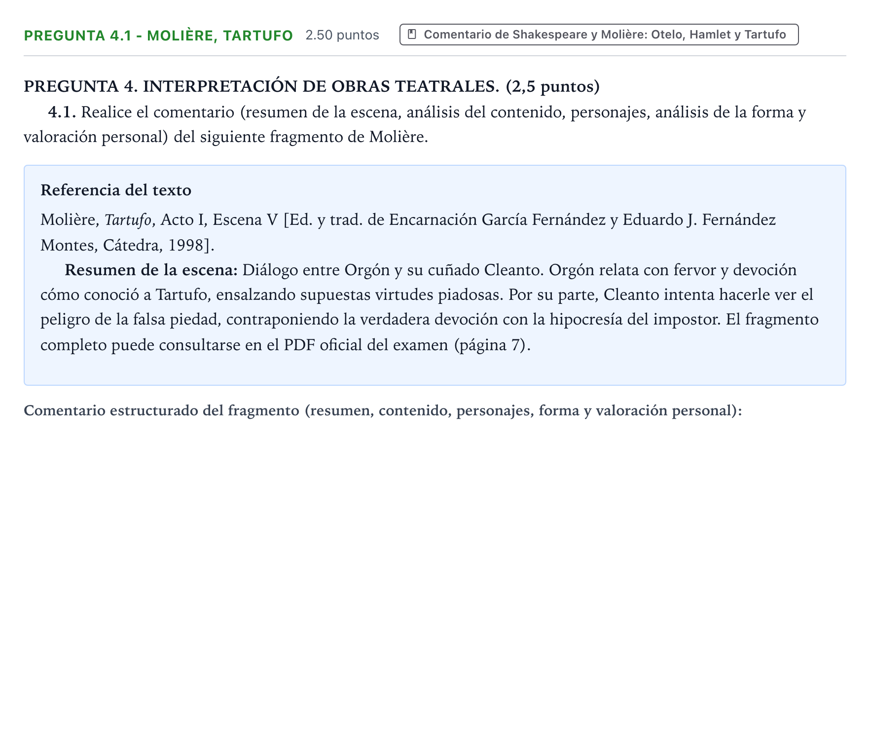 Enunciado: Pregunta 4.1 - Molière, Tartufo · Literatura Dramática PAU Galicia Ordinaria 2025