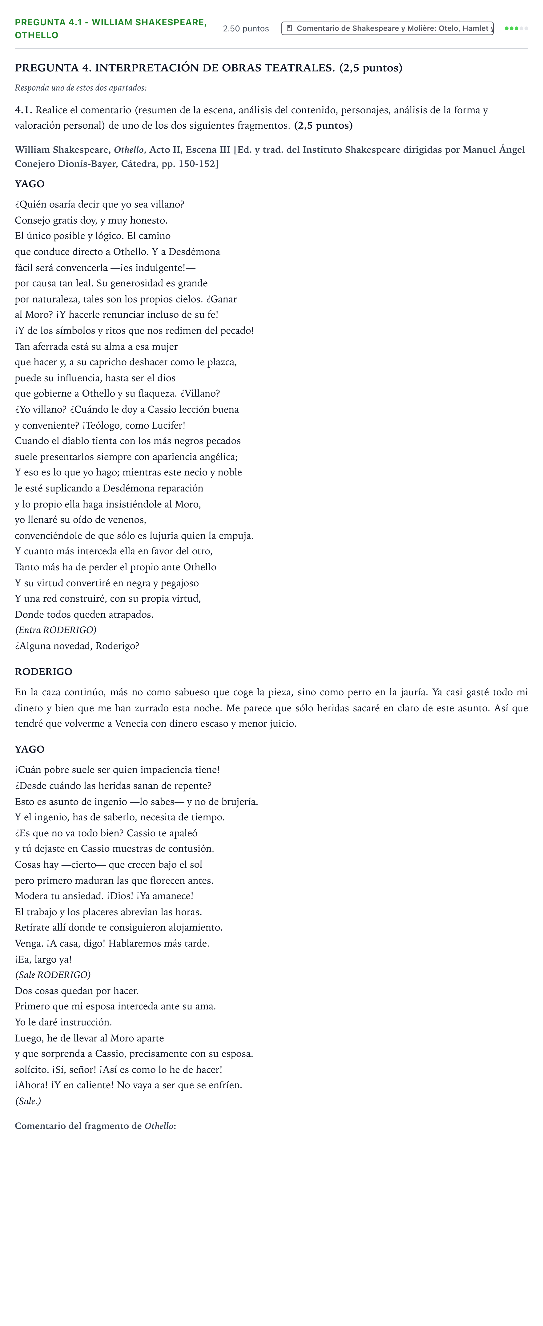 Enunciado: Pregunta 4.1 - William Shakespeare, Othello · Literatura Dramática PAU Galicia Ordinaria 2025