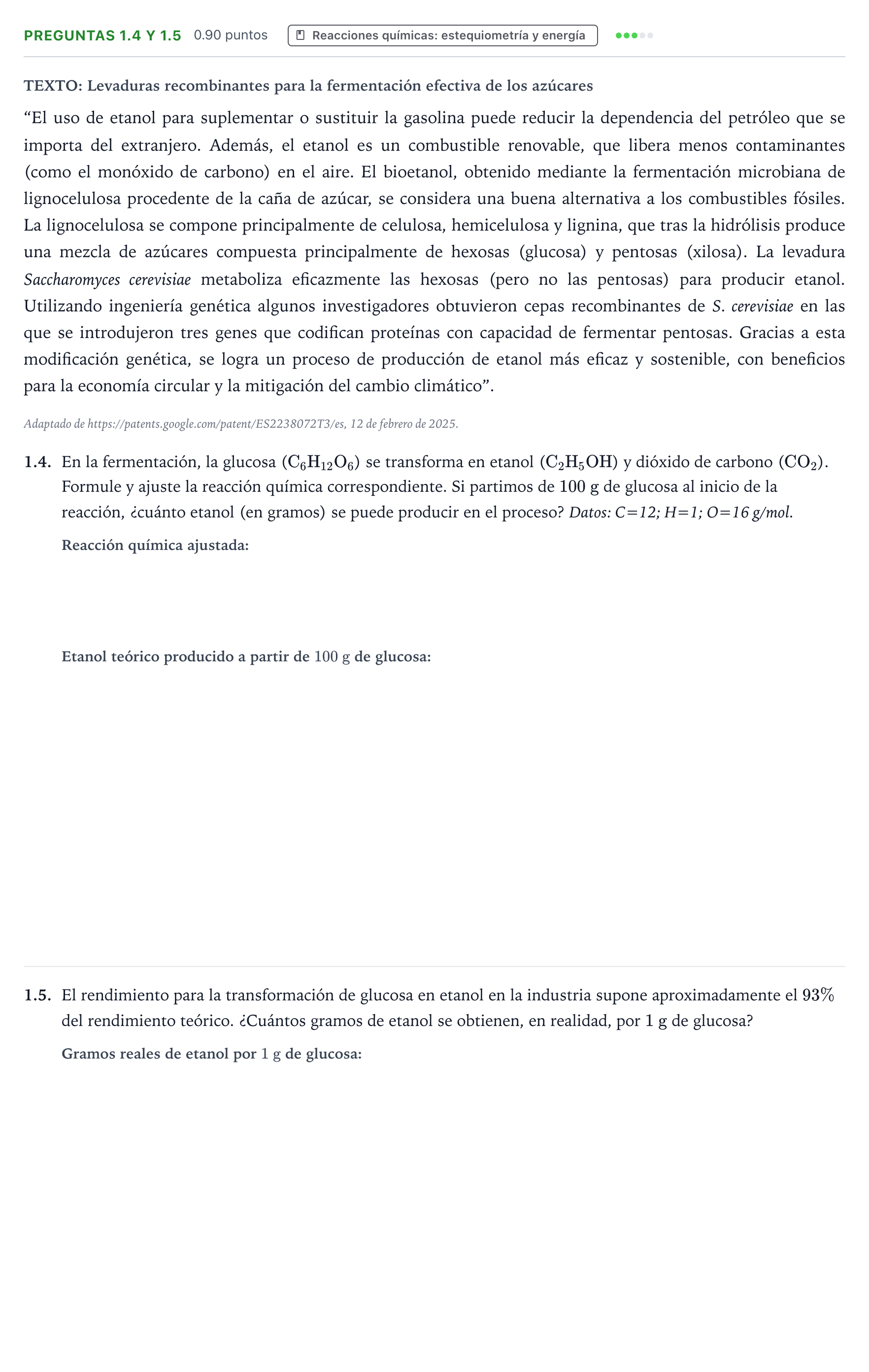 Enunciado: Ejercicio Preguntas 1.4 y 1.5 · Ciencias Generales PAU Galicia Ordinaria 2025