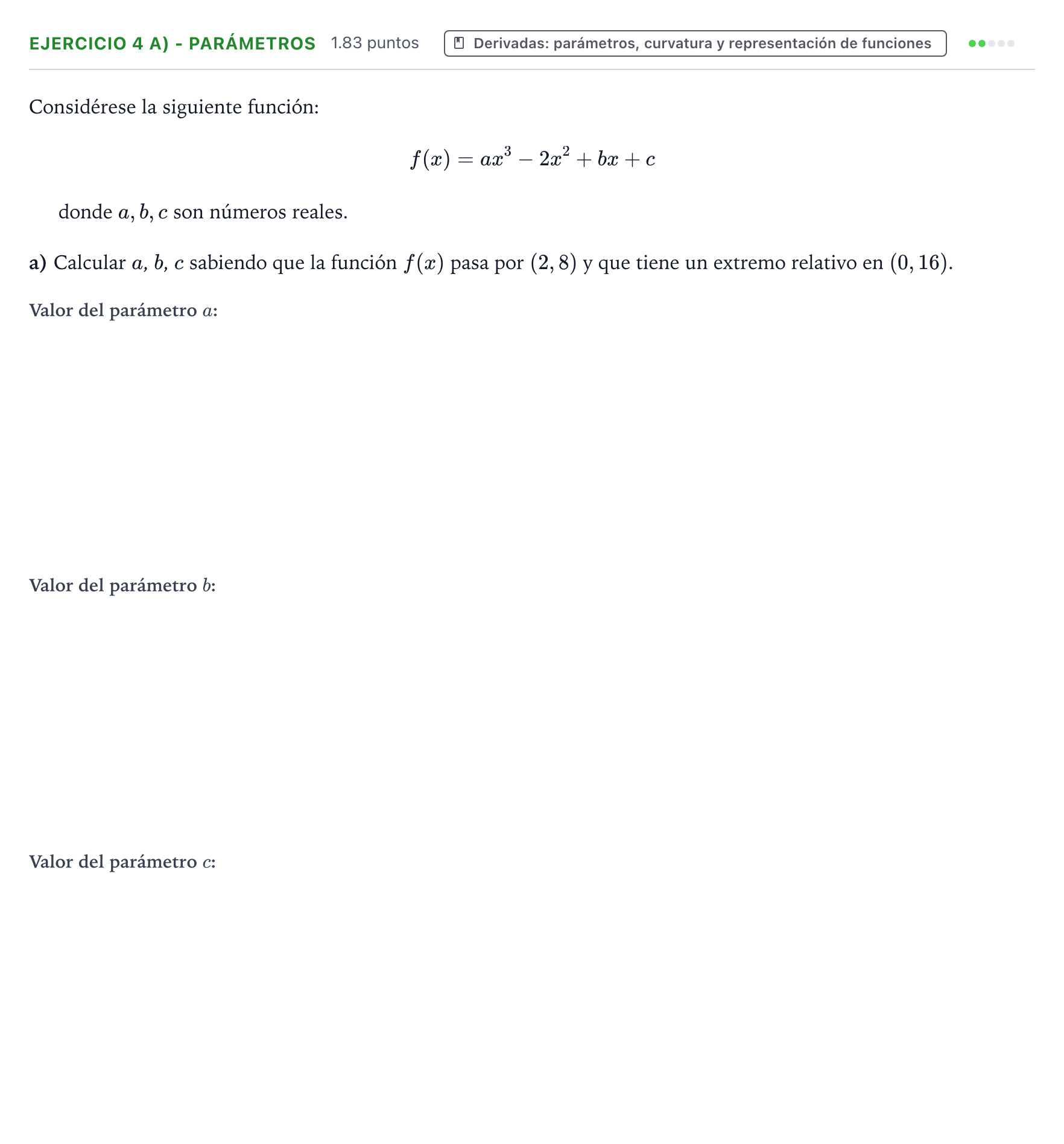 Enunciado: Ejercicio 4 a) - Parámetros · Matemáticas aplicadas a las Ciencias Sociales II PAU Galicia Ordinaria 2024