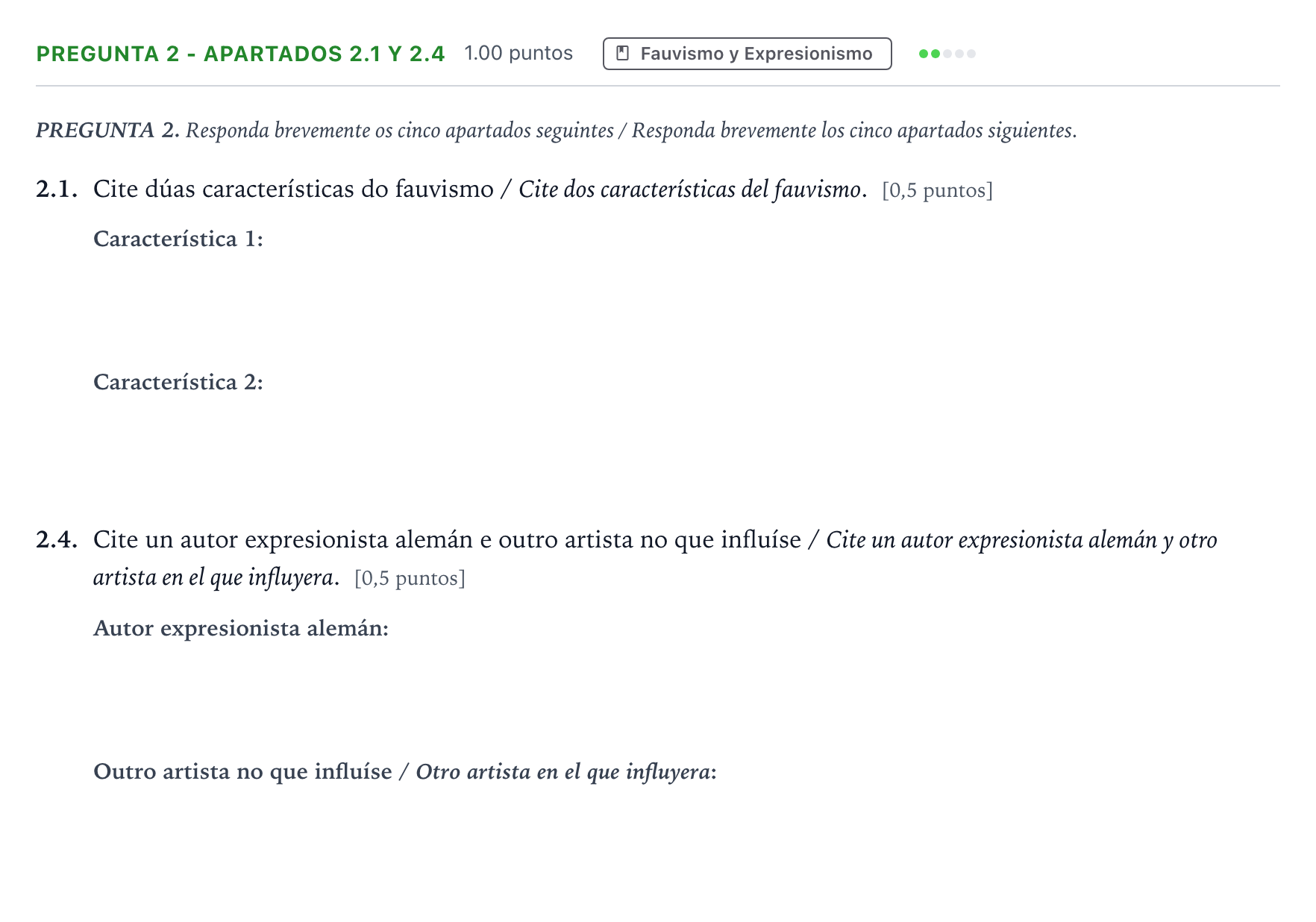Enunciado: Pregunta 2 - Apartados 2.1 y 2.4 · Fundamentos Artísticos PAU Galicia Extraordinaria 2024