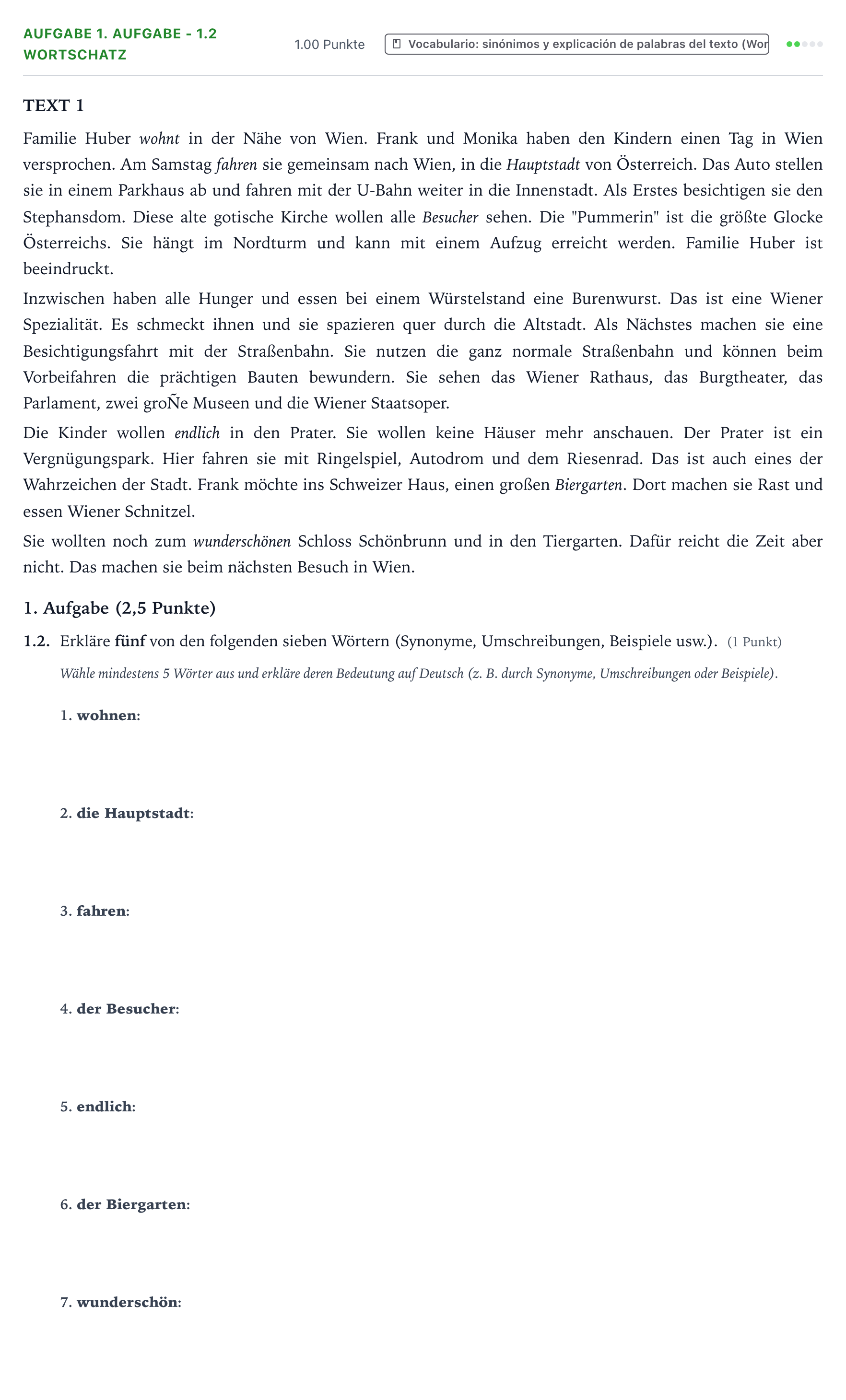 Enunciado: Ejercicio 1. Aufgabe - 1.2 Wortschatz · Alemán PAU Galicia Ordinaria (2ª lengua extranjera) 2024