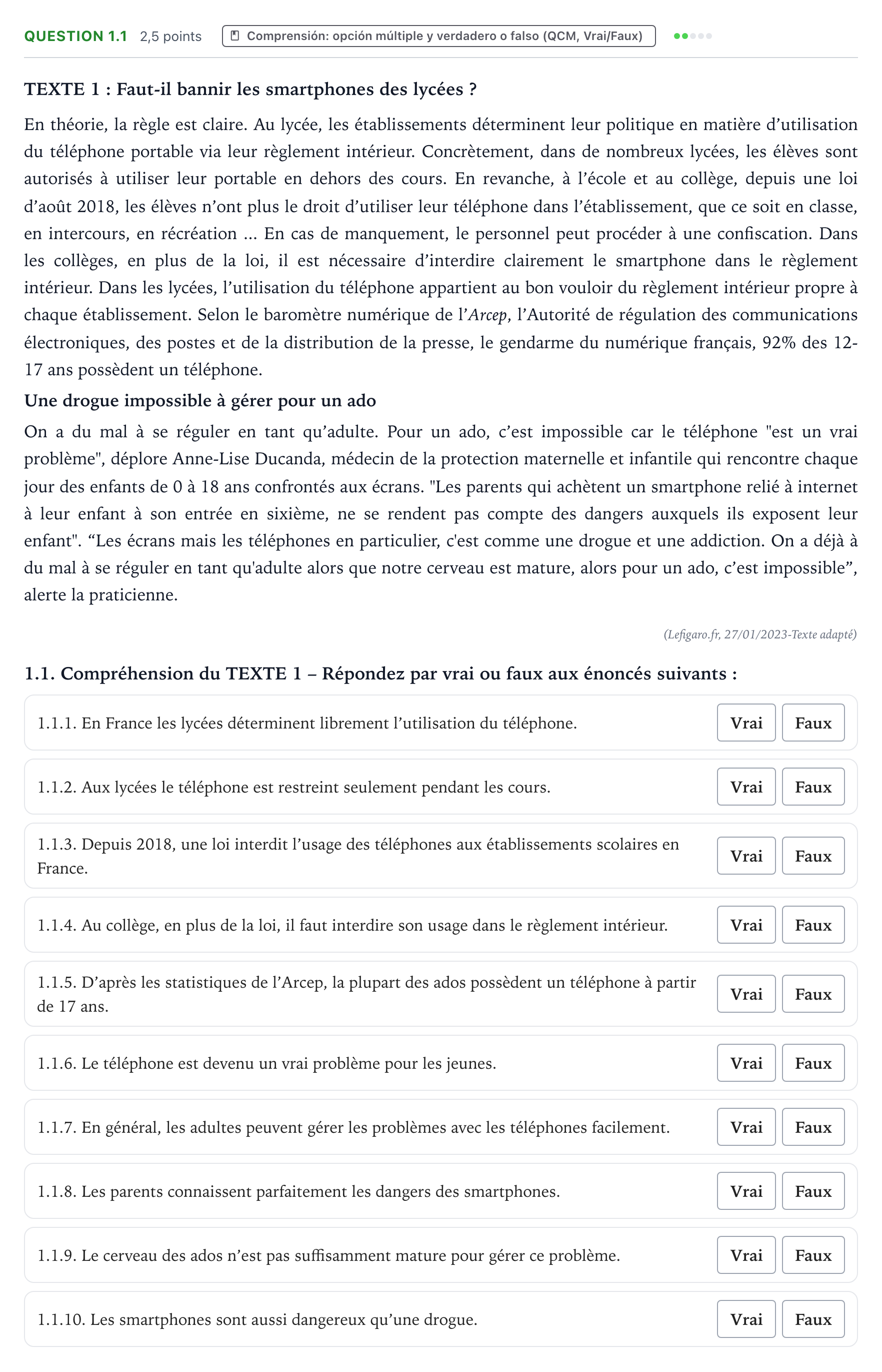 Enunciado: Question 1.1 · Francés PAU Galicia Ordinaria (2ª lengua extranjera) 2024