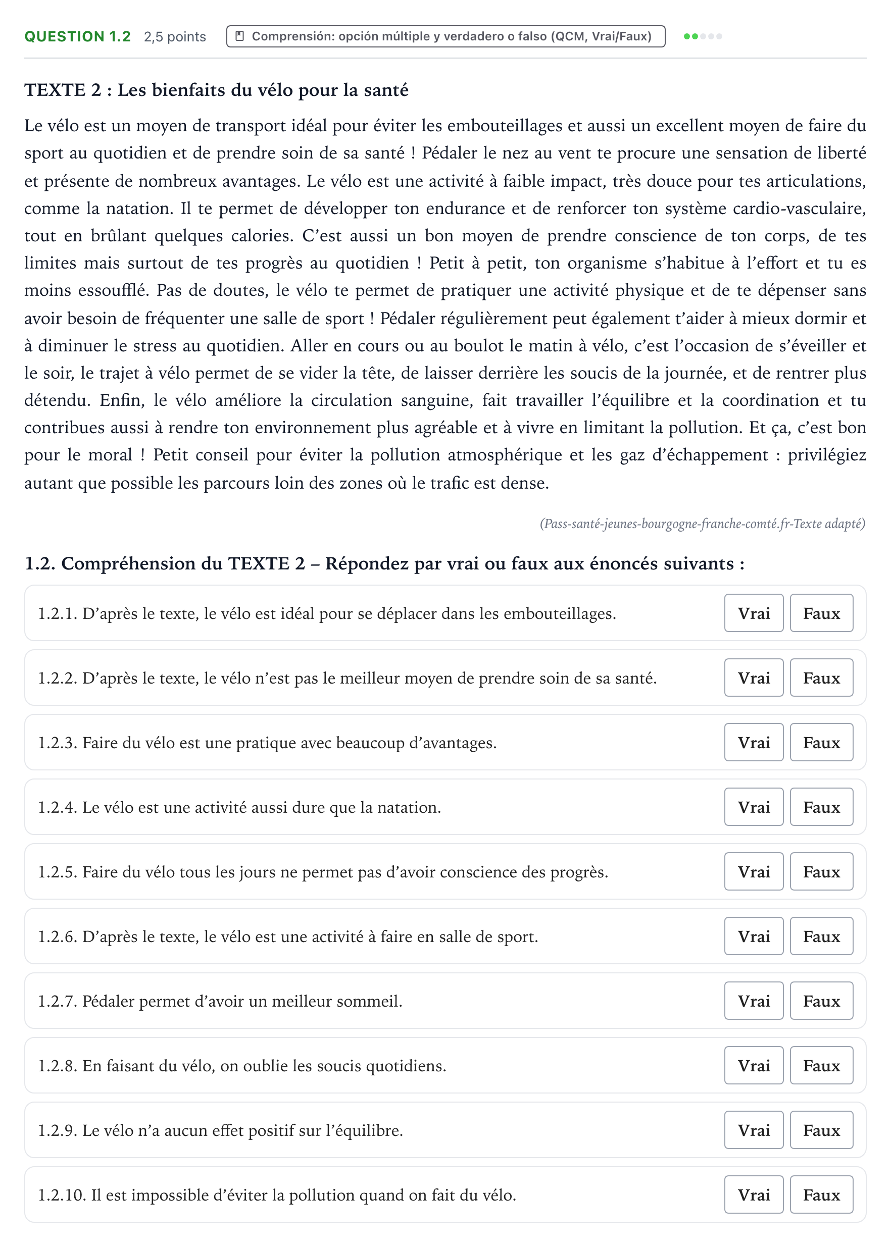Enunciado: Question 1.2 · Francés PAU Galicia Ordinaria (2ª lengua extranjera) 2024