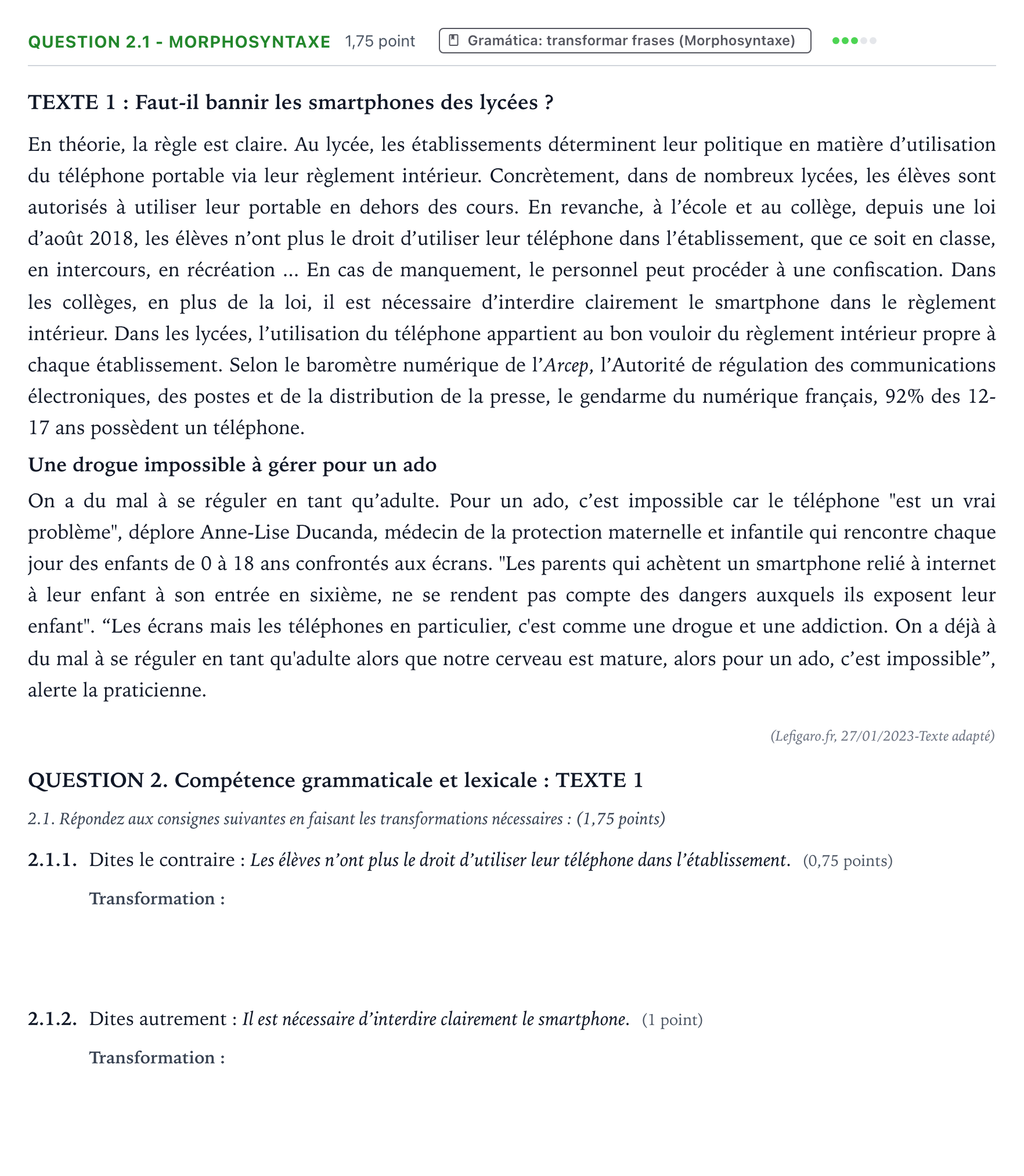 Enunciado: Question 2.1 - Morphosyntaxe · Francés PAU Galicia Ordinaria (2ª lengua extranjera) 2024