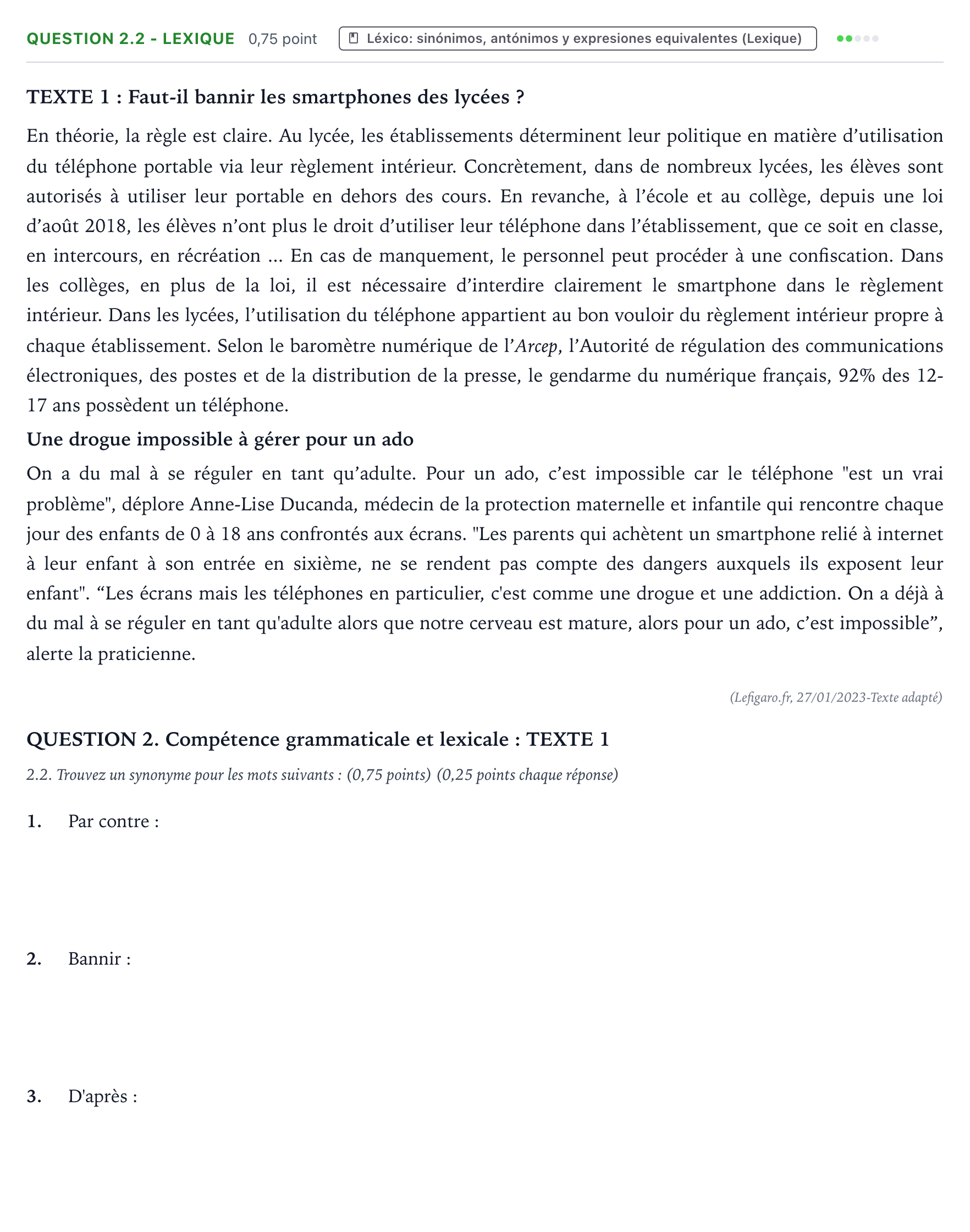 Enunciado: Question 2.2 - Lexique · Francés PAU Galicia Ordinaria (2ª lengua extranjera) 2024