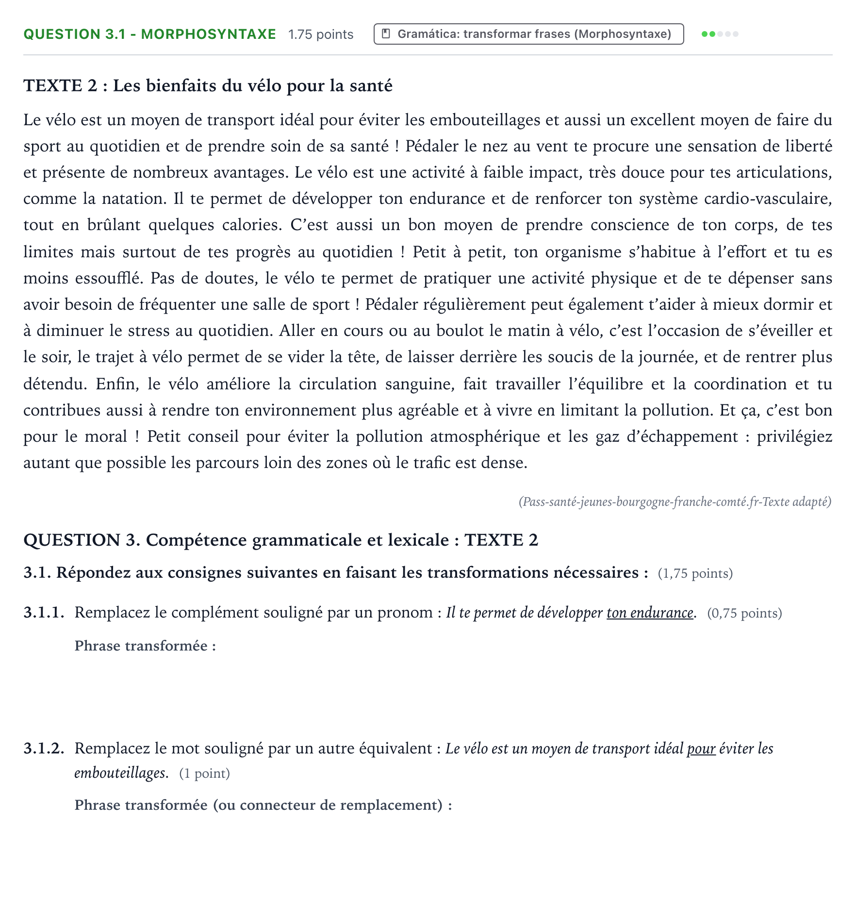 Enunciado: Question 3.1 - Morphosyntaxe · Francés PAU Galicia Ordinaria (2ª lengua extranjera) 2024