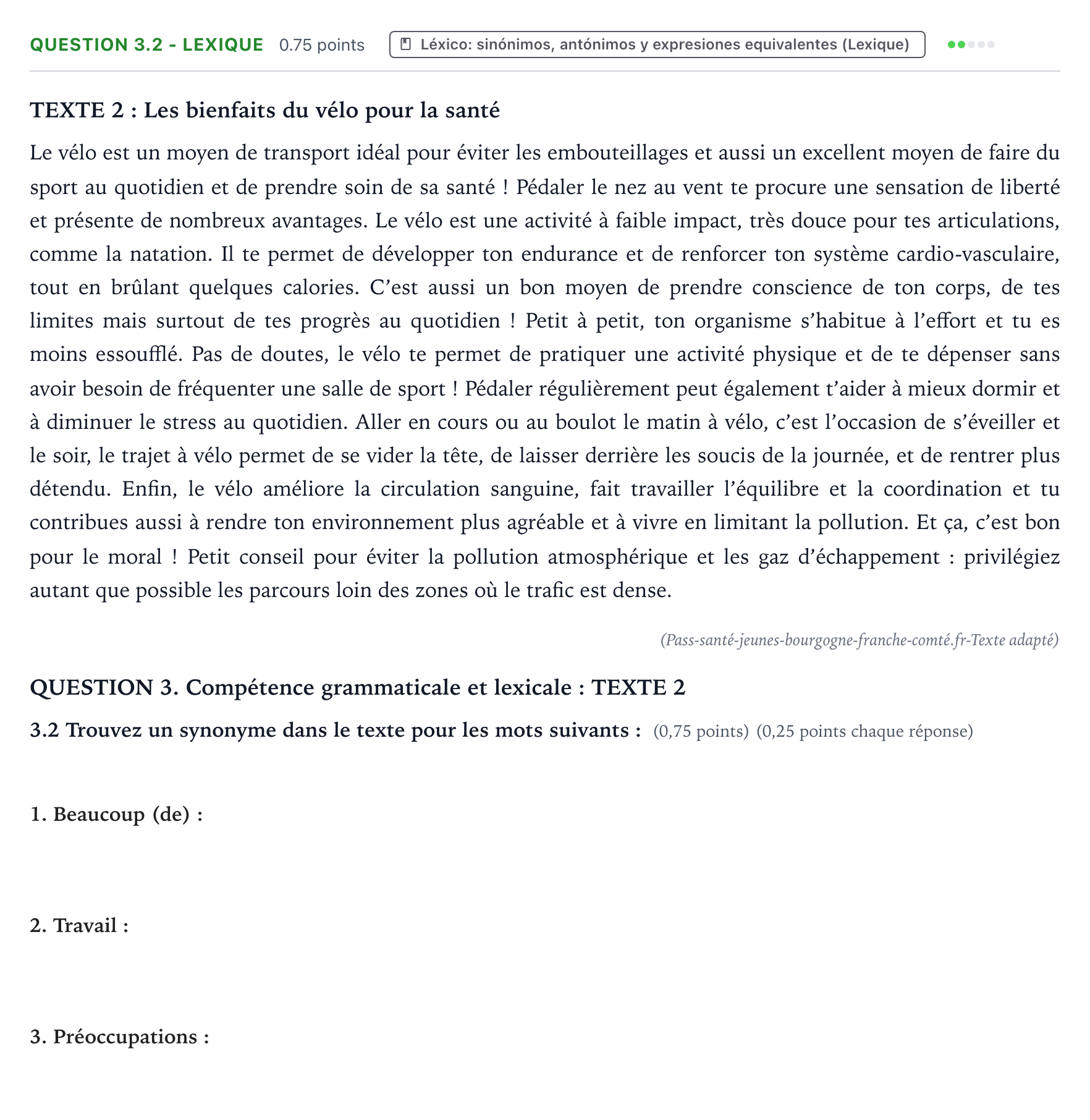 Enunciado: Question 3.2 - Lexique · Francés PAU Galicia Ordinaria (2ª lengua extranjera) 2024