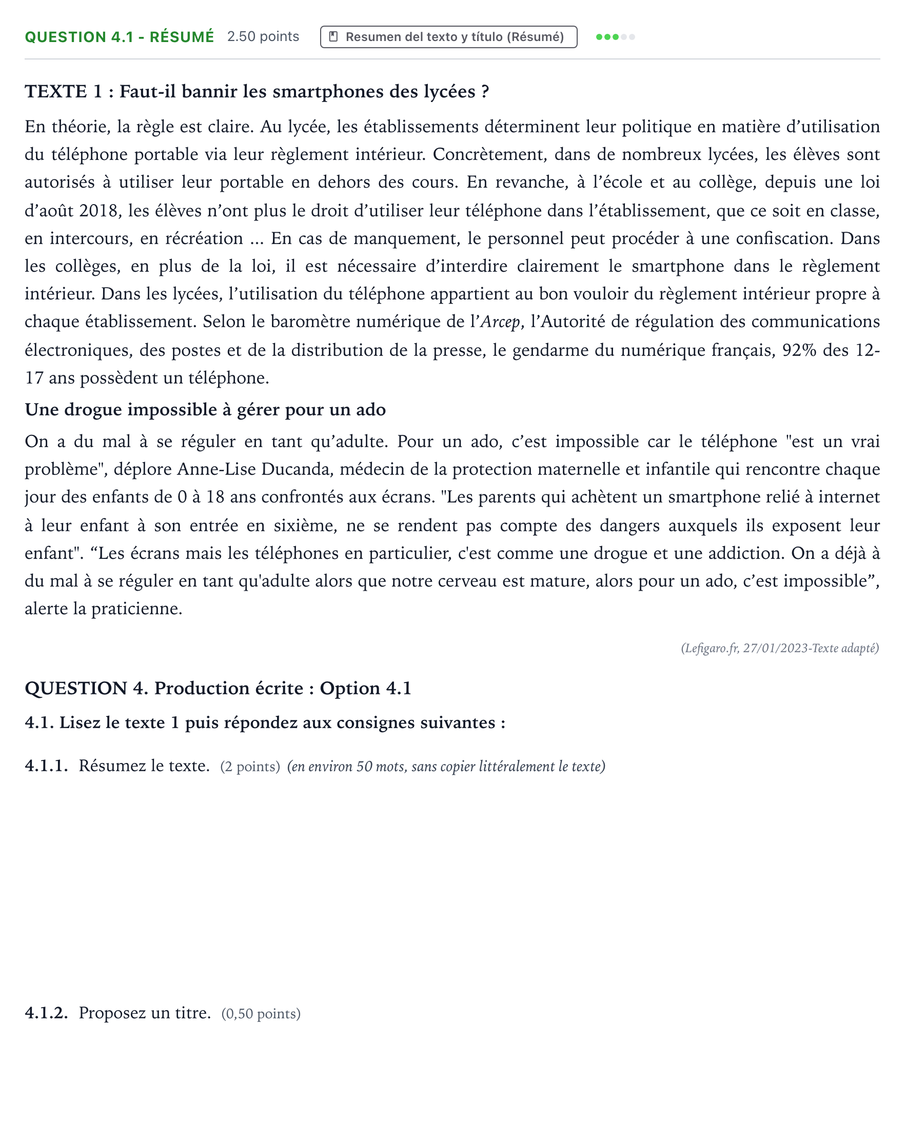 Enunciado: Question 4.1 - Résumé · Francés PAU Galicia Ordinaria (2ª lengua extranjera) 2024