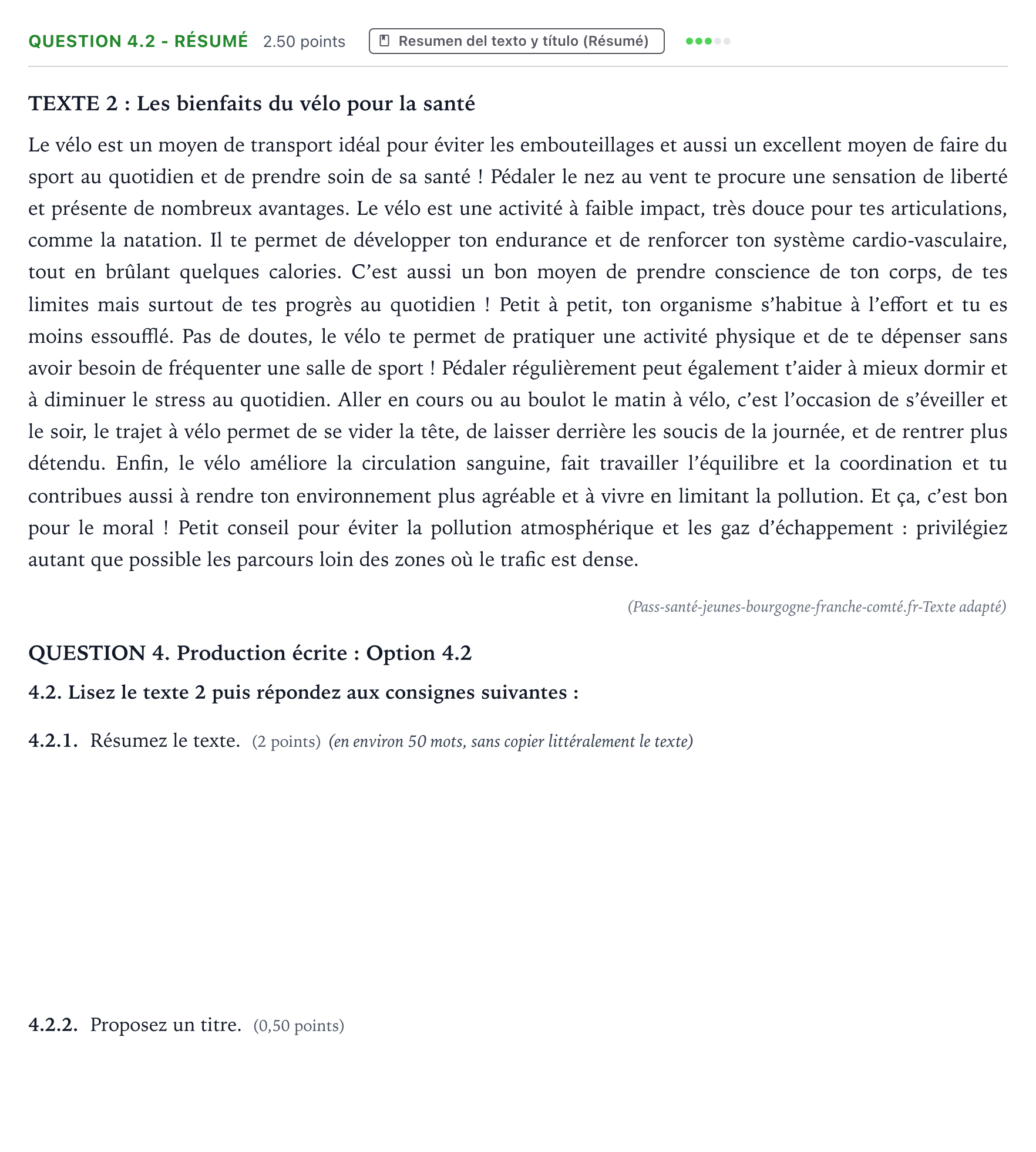 Enunciado: Question 4.2 - Résumé · Francés PAU Galicia Ordinaria (2ª lengua extranjera) 2024