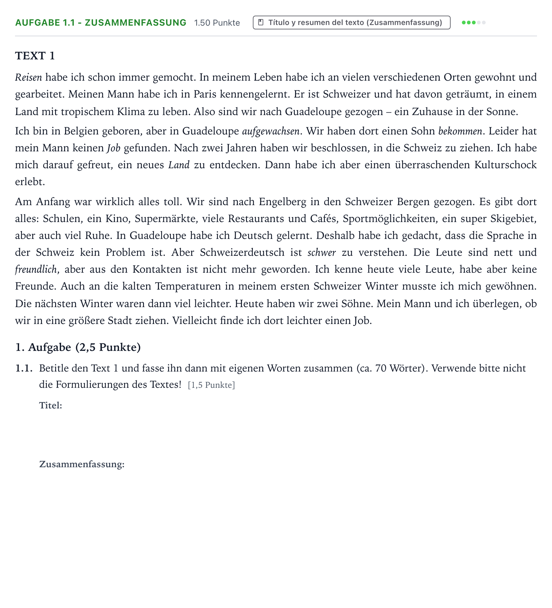 Enunciado: Ejercicio Aufgabe 1.1 - Zusammenfassung · Alemán PAU Galicia Extraordinaria (2ª lengua extranjera) 2024