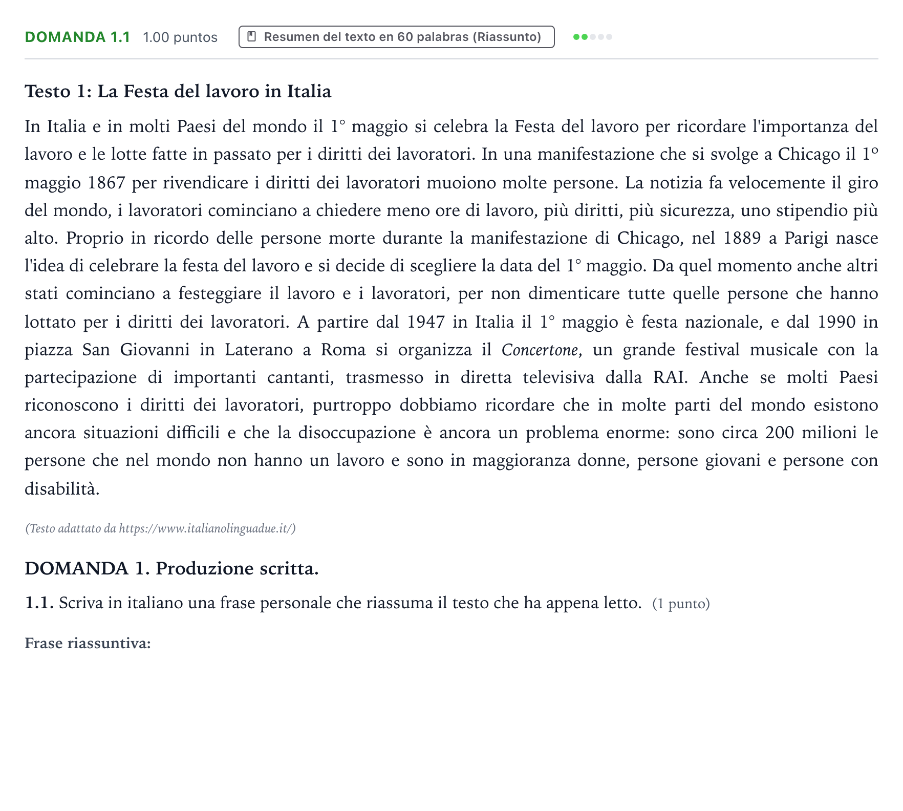 Enunciado: Ejercicio Domanda 1.1 · Italiano PAU Galicia Ordinaria (2ª lengua extranjera) 2024
