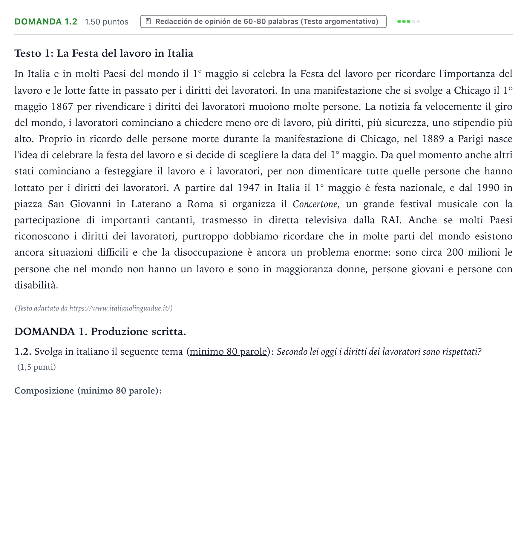 Enunciado: Ejercicio Domanda 1.2 · Italiano PAU Galicia Ordinaria (2ª lengua extranjera) 2024