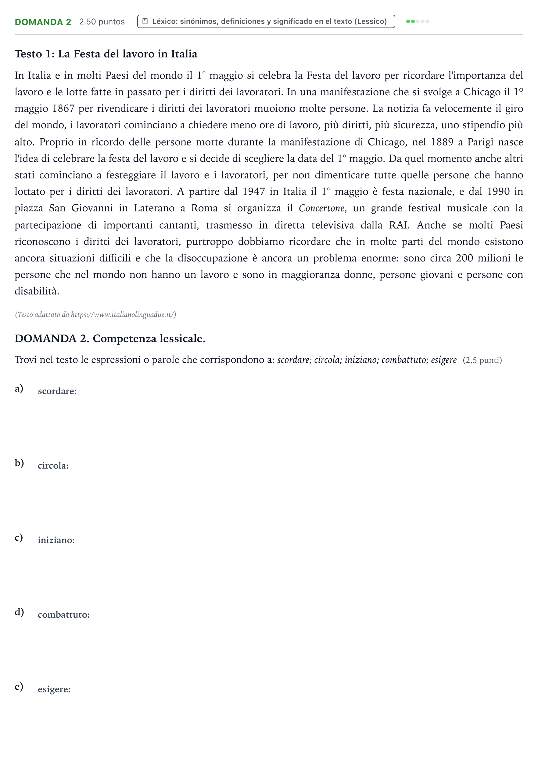 Enunciado: Ejercicio Domanda 2 · Italiano PAU Galicia Ordinaria (2ª lengua extranjera) 2024