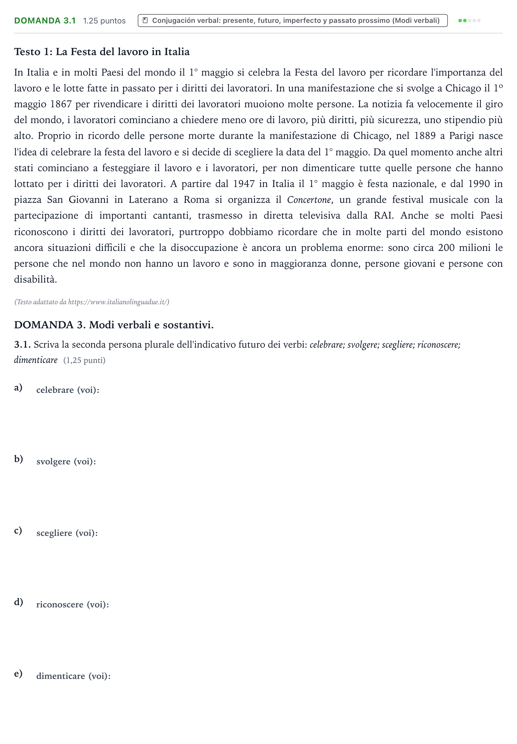 Enunciado: Ejercicio Domanda 3.1 · Italiano PAU Galicia Ordinaria (2ª lengua extranjera) 2024