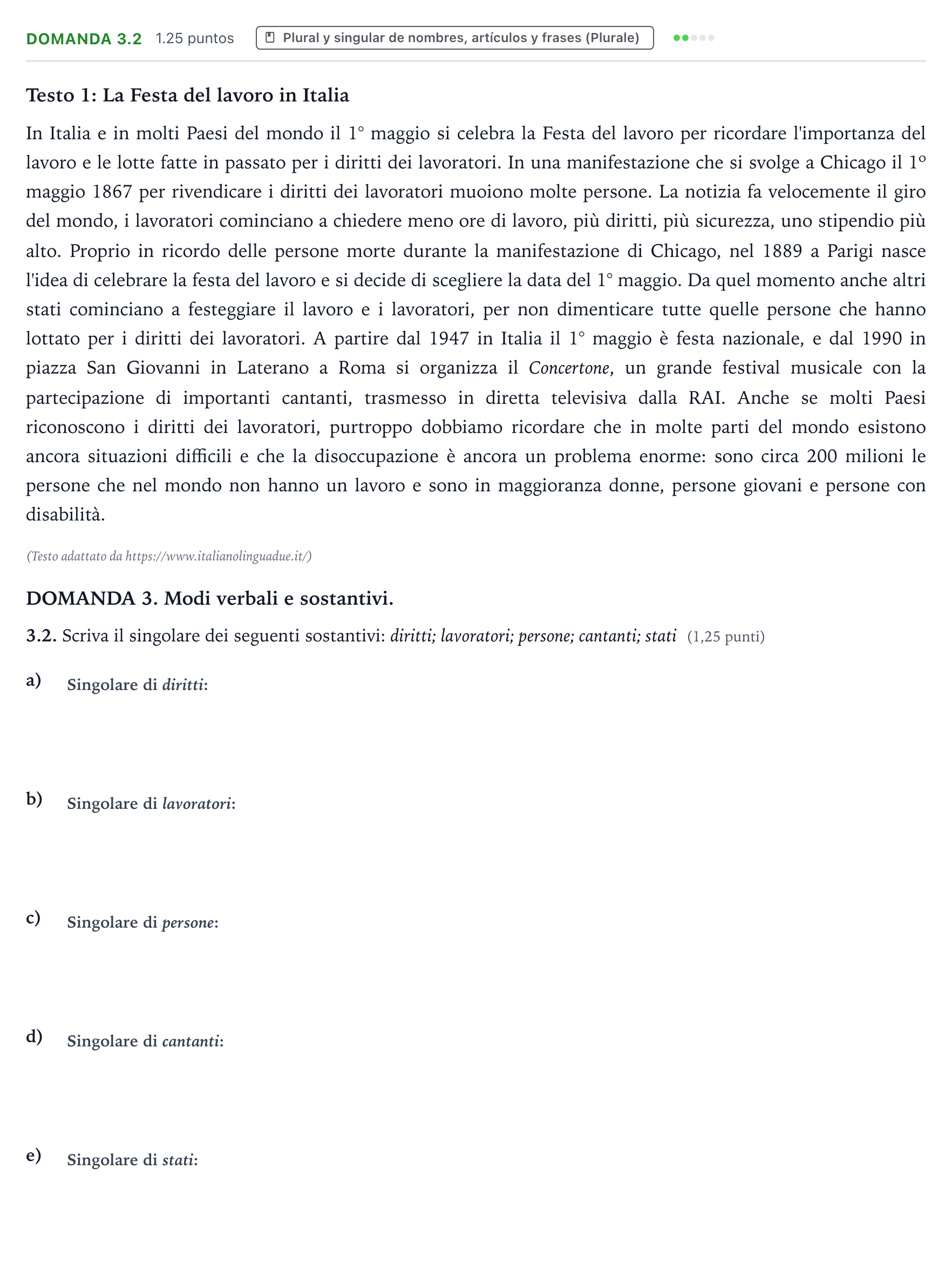 Enunciado: Ejercicio Domanda 3.2 · Italiano PAU Galicia Ordinaria (2ª lengua extranjera) 2024
