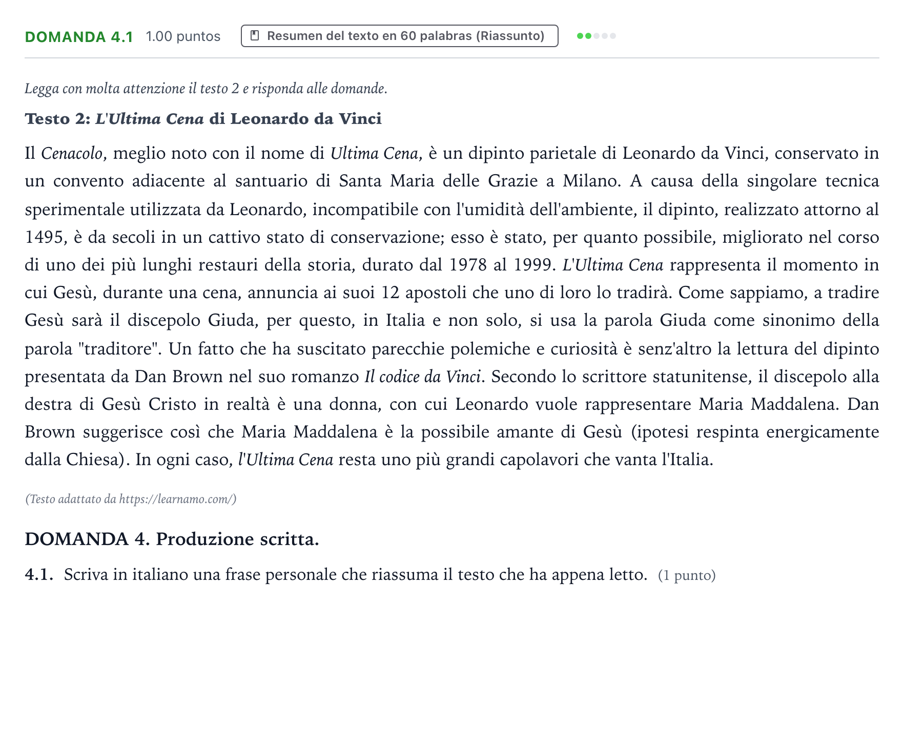 Enunciado: Ejercicio Domanda 4.1 · Italiano PAU Galicia Ordinaria (2ª lengua extranjera) 2024