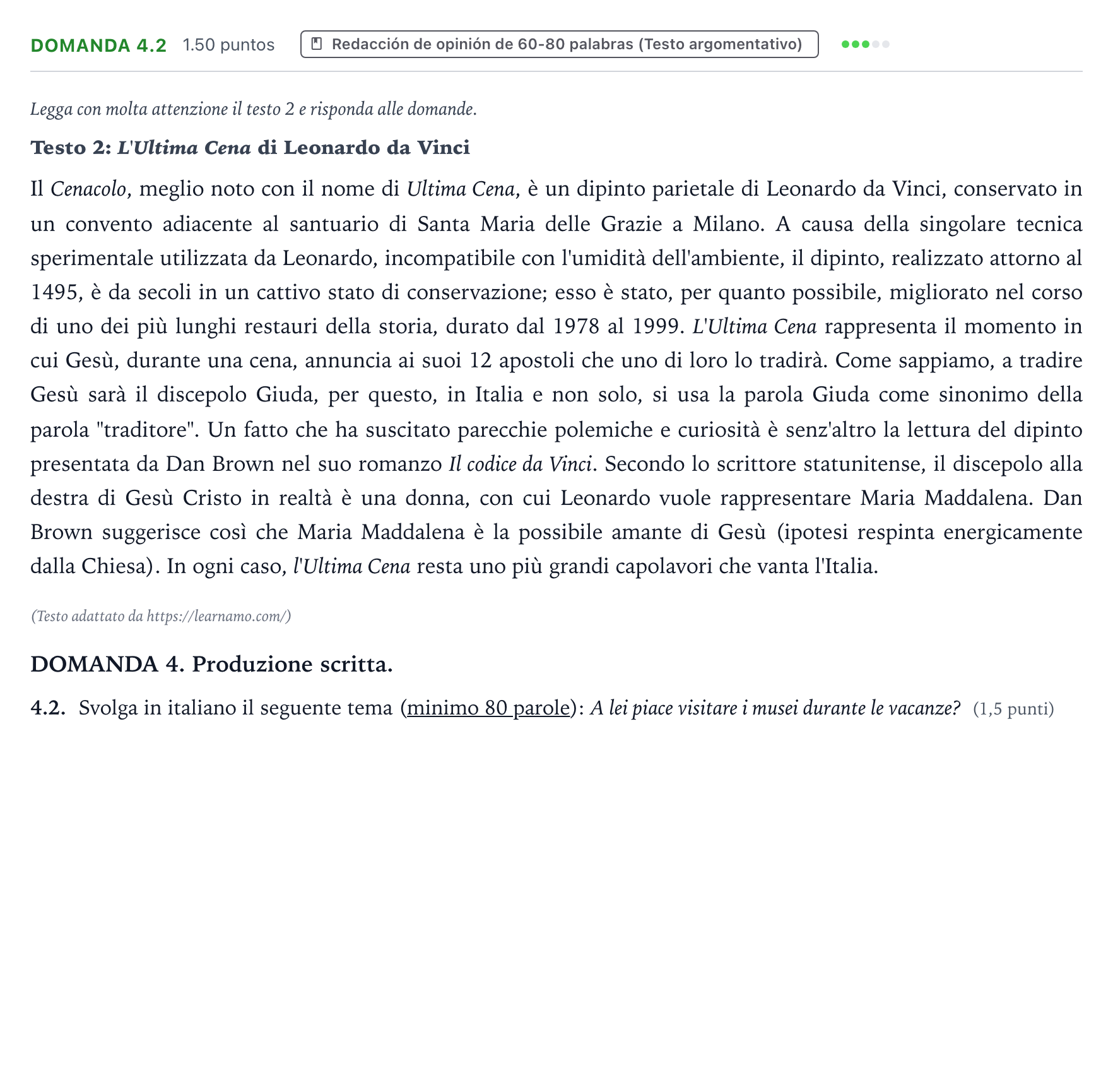 Enunciado: Ejercicio Domanda 4.2 · Italiano PAU Galicia Ordinaria (2ª lengua extranjera) 2024