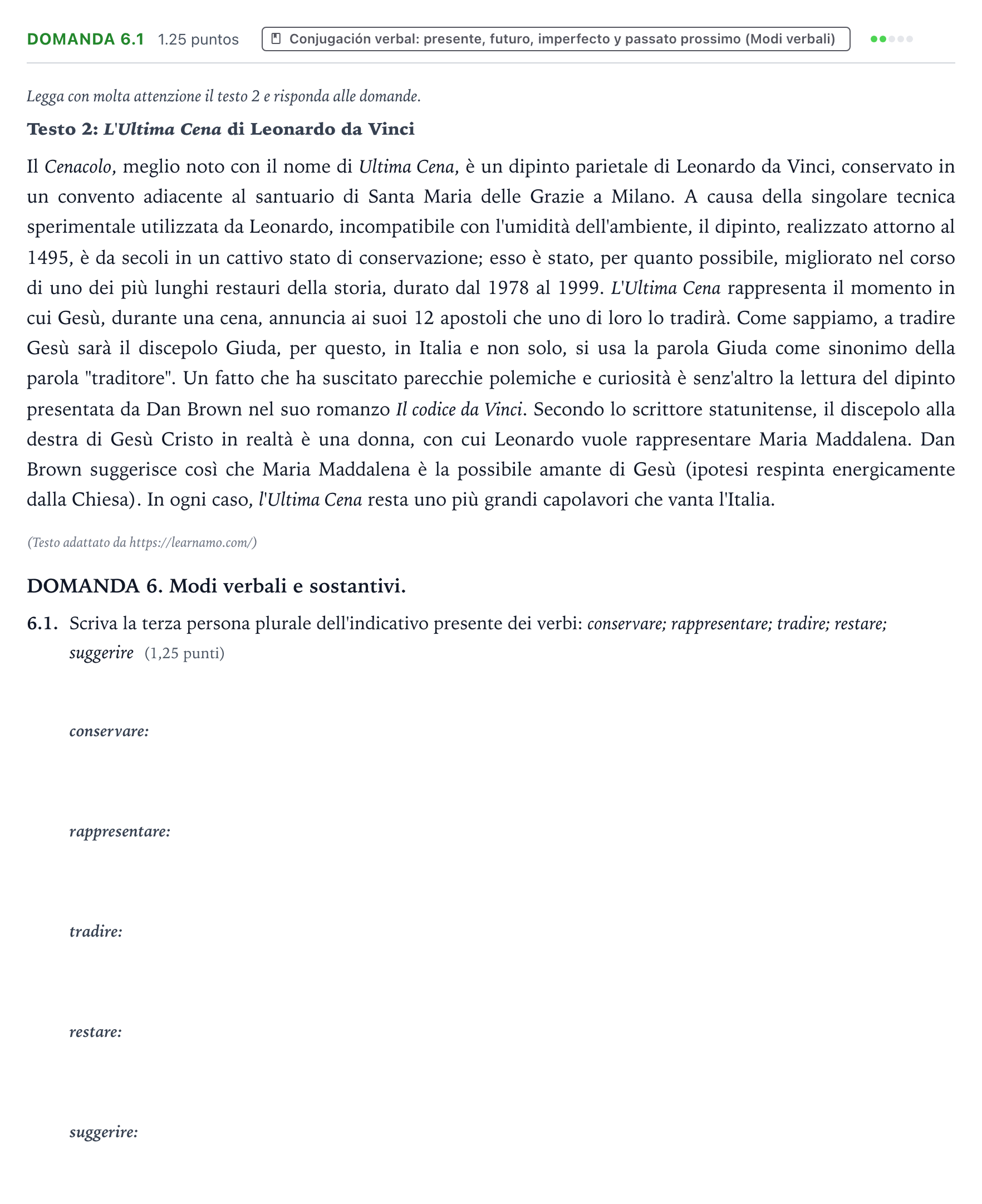 Enunciado: Ejercicio Domanda 6.1 · Italiano PAU Galicia Ordinaria (2ª lengua extranjera) 2024