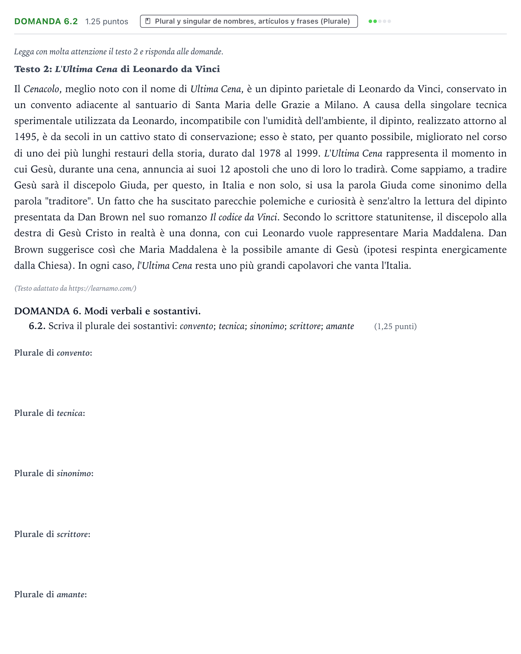Enunciado: Ejercicio Domanda 6.2 · Italiano PAU Galicia Ordinaria (2ª lengua extranjera) 2024
