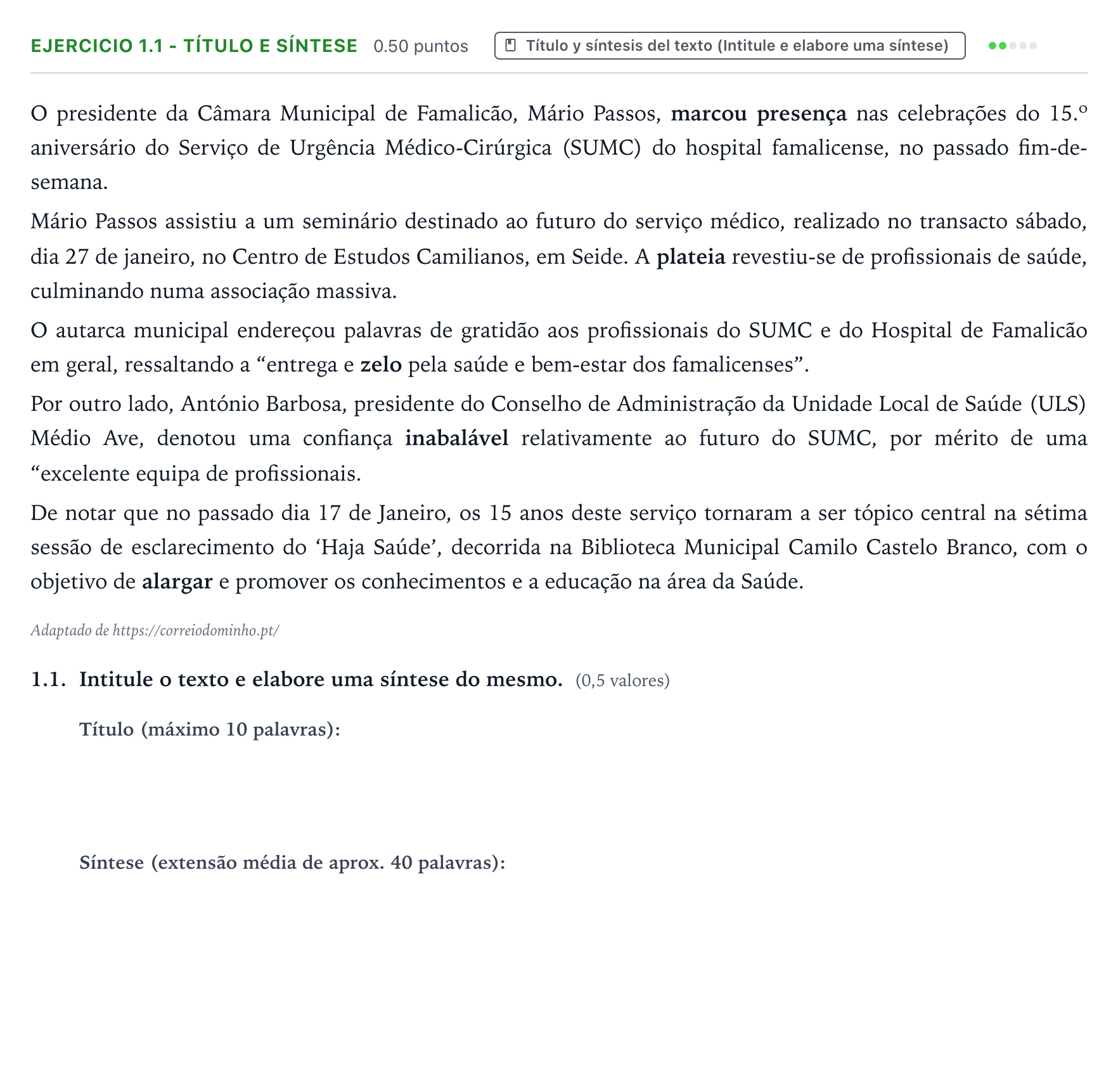 Enunciado: Ejercicio 1.1 - Título e síntese · Portugués PAU Galicia Ordinaria (2ª lengua extranjera) 2024