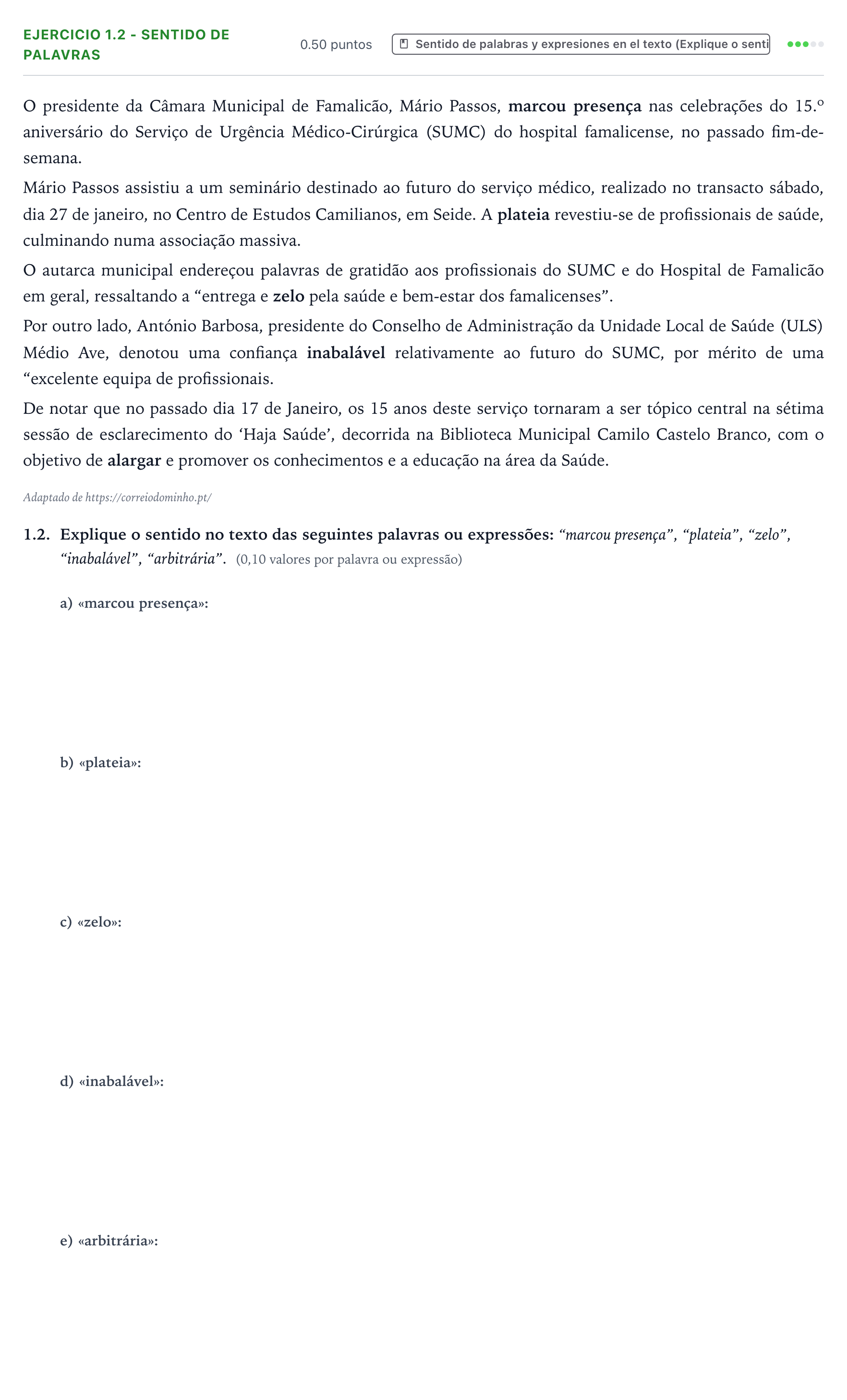 Enunciado: Ejercicio 1.2 - Sentido de palavras · Portugués PAU Galicia Ordinaria (2ª lengua extranjera) 2024