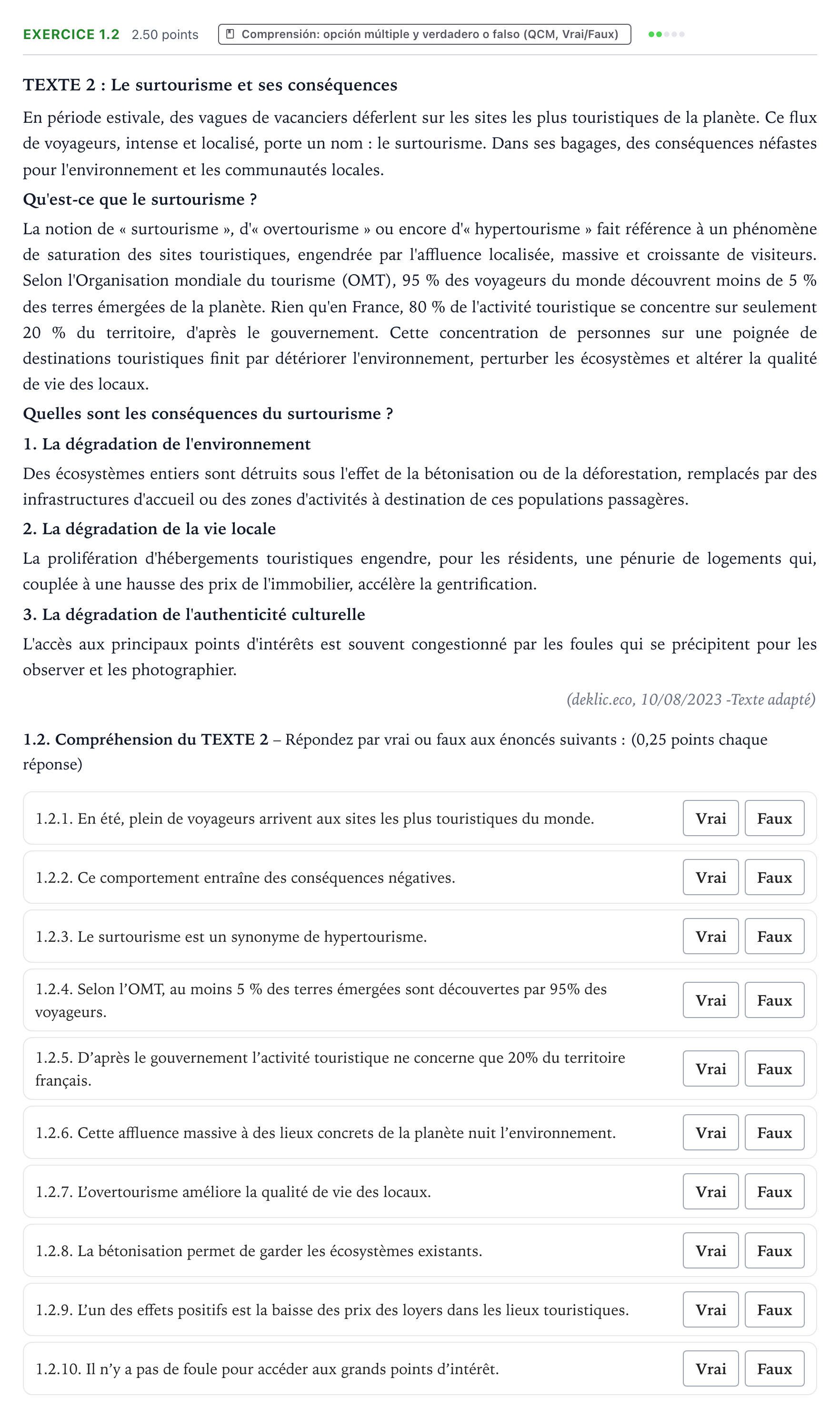 Enunciado: Ejercicio 1.2 · Francés PAU Galicia Extraordinaria (2ª lengua extranjera) 2024