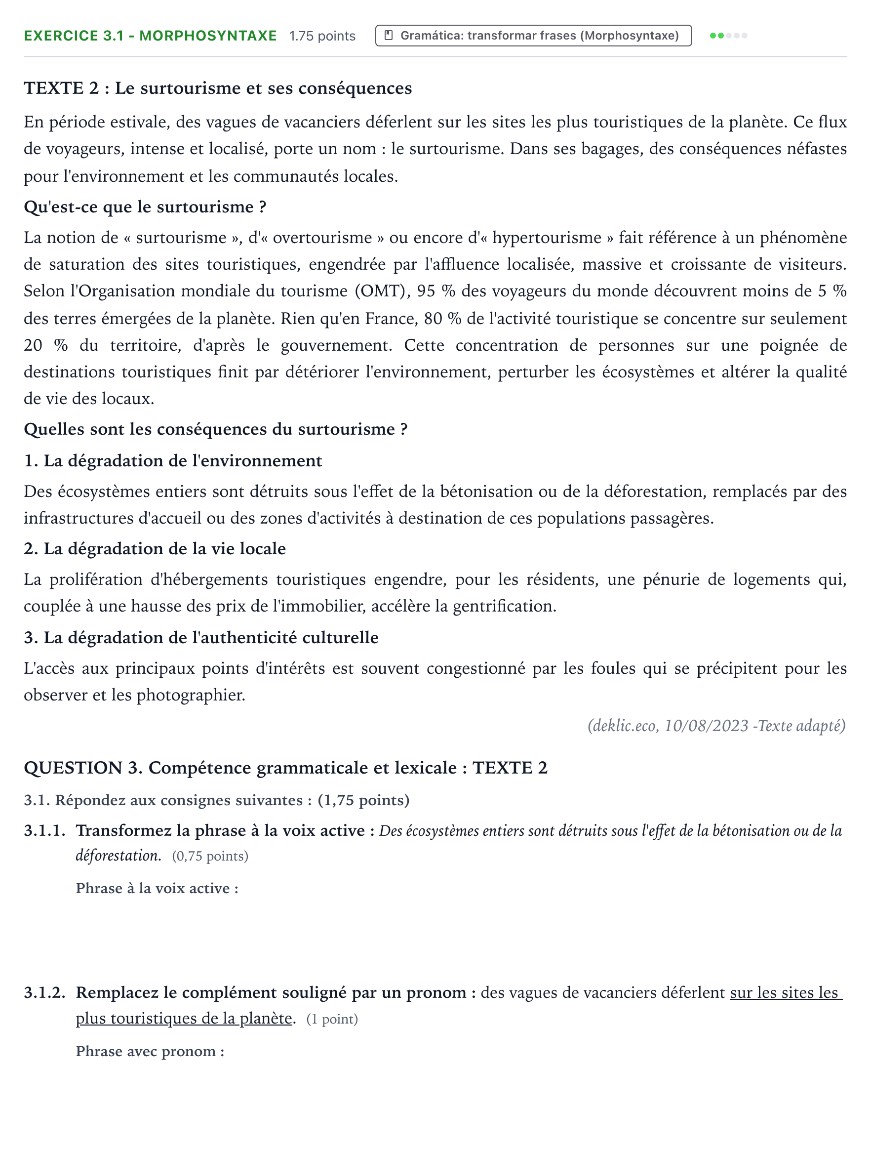Enunciado: Ejercicio 3.1 - Morphosyntaxe · Francés PAU Galicia Extraordinaria (2ª lengua extranjera) 2024