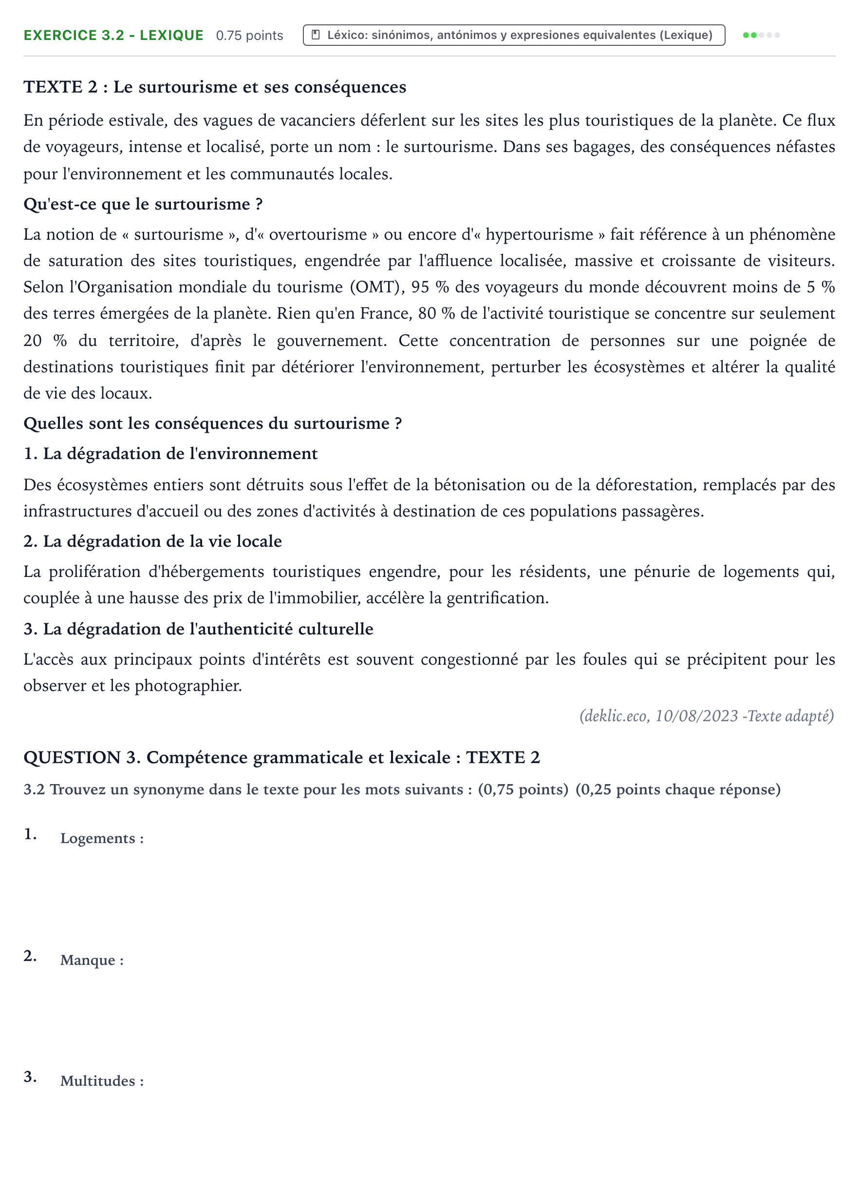 Enunciado: Ejercicio 3.2 - Lexique · Francés PAU Galicia Extraordinaria (2ª lengua extranjera) 2024