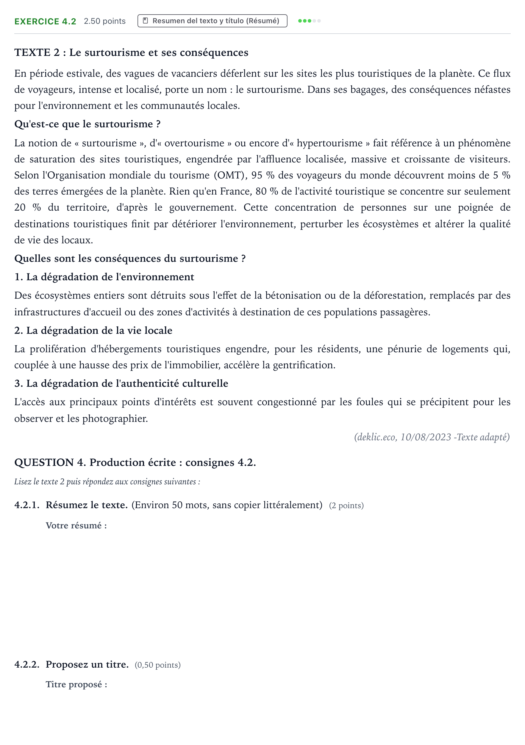 Enunciado: Ejercicio 4.2 · Francés PAU Galicia Extraordinaria (2ª lengua extranjera) 2024