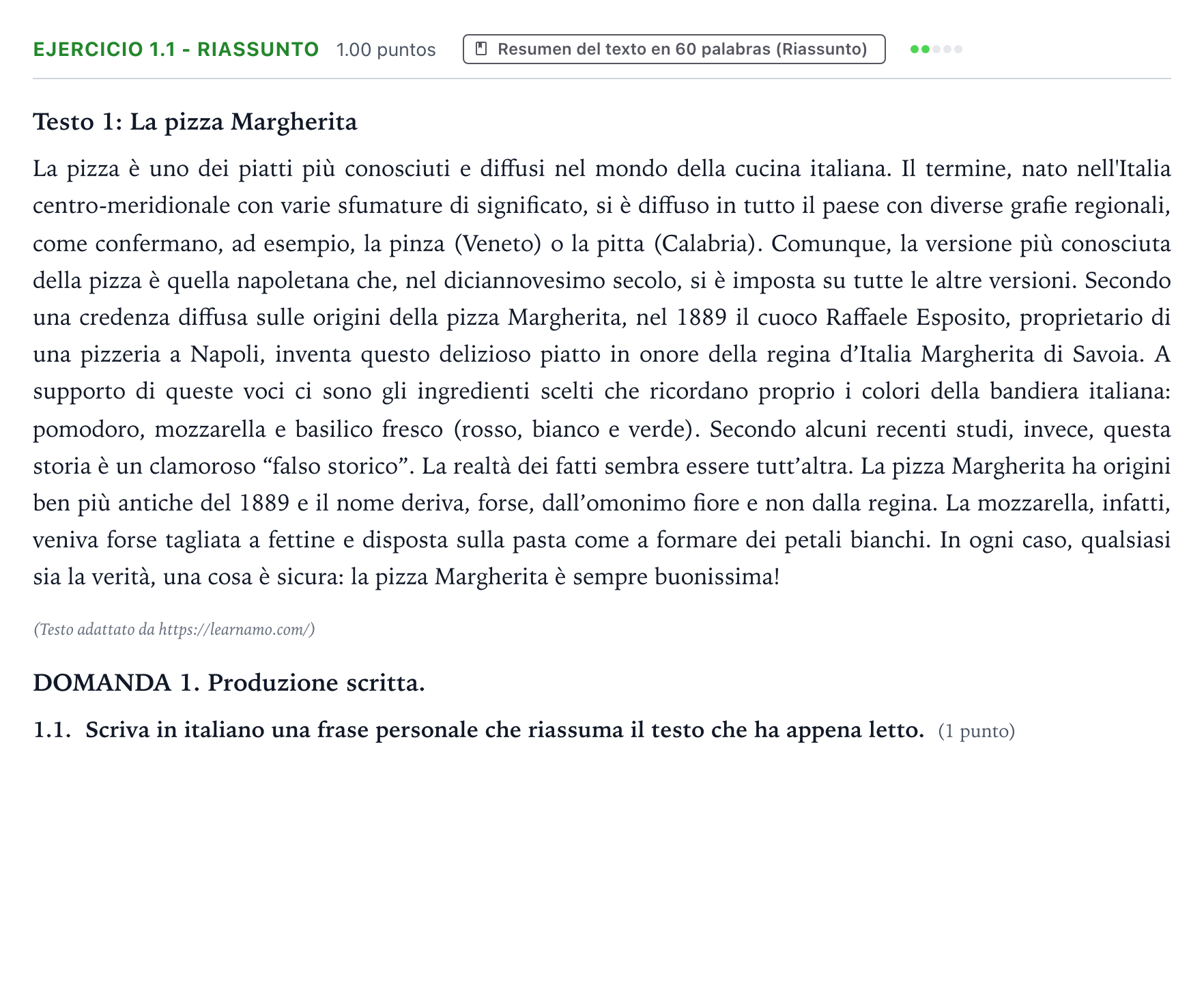 Enunciado: Ejercicio 1.1 - Riassunto · Italiano PAU Galicia Extraordinaria (2ª lengua extranjera) 2024
