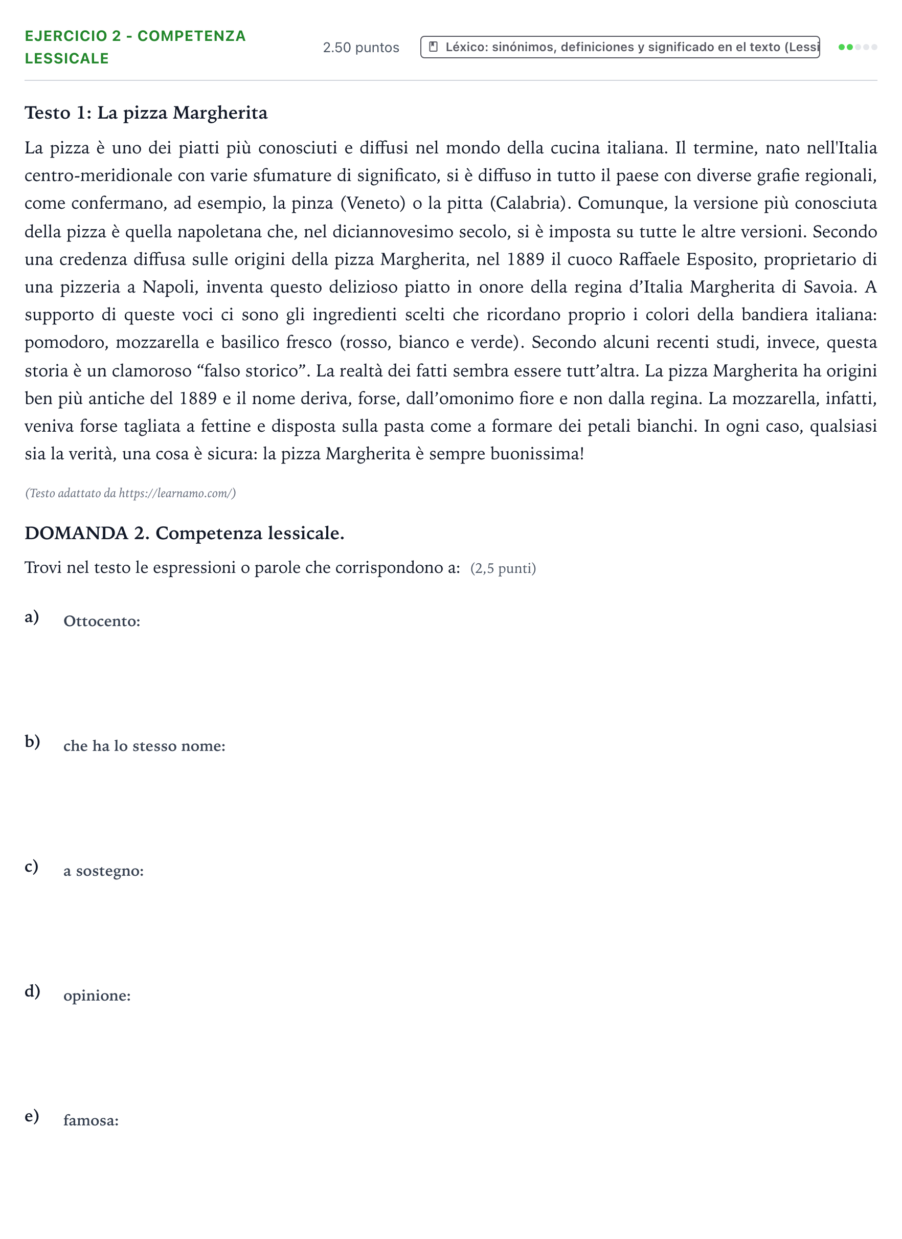 Enunciado: Ejercicio 2 - Competenza lessicale · Italiano PAU Galicia Extraordinaria (2ª lengua extranjera) 2024