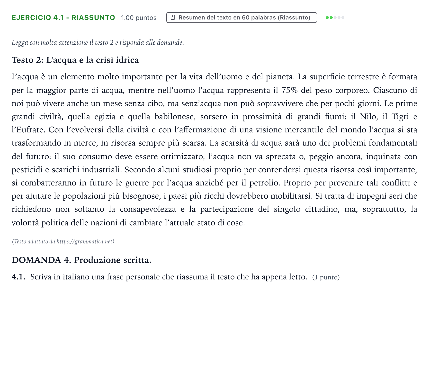 Enunciado: Ejercicio 4.1 - Riassunto · Italiano PAU Galicia Extraordinaria (2ª lengua extranjera) 2024