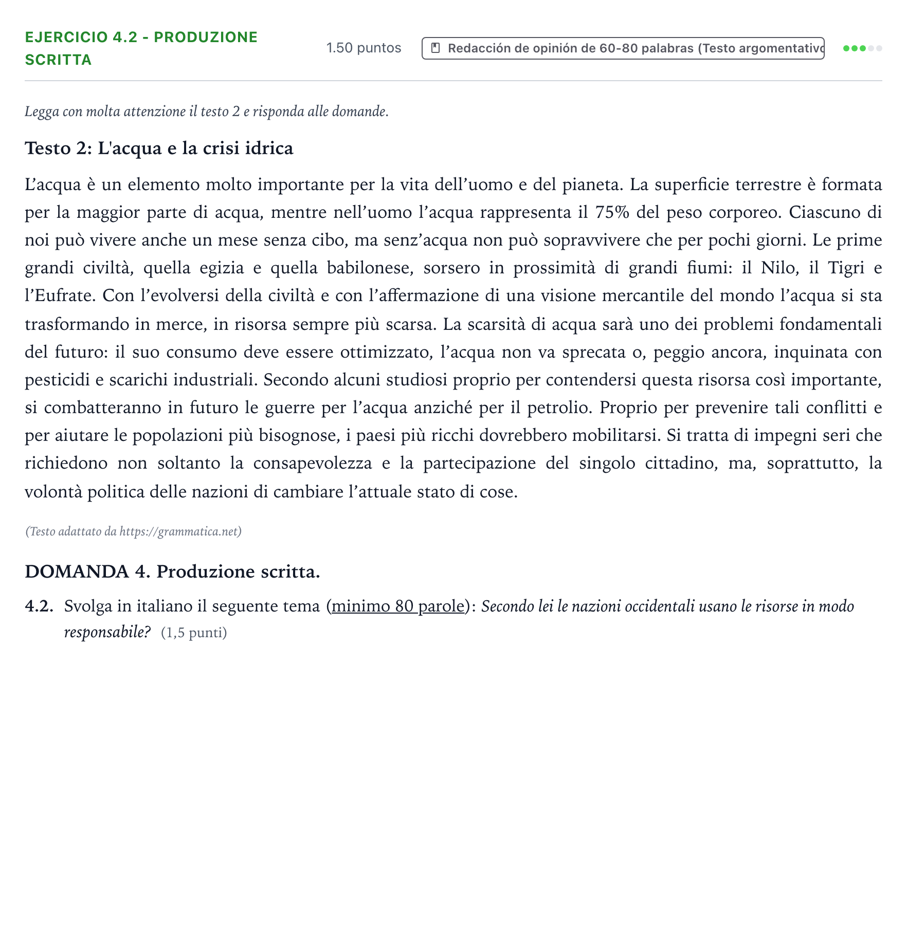 Enunciado: Ejercicio 4.2 - Produzione scritta · Italiano PAU Galicia Extraordinaria (2ª lengua extranjera) 2024