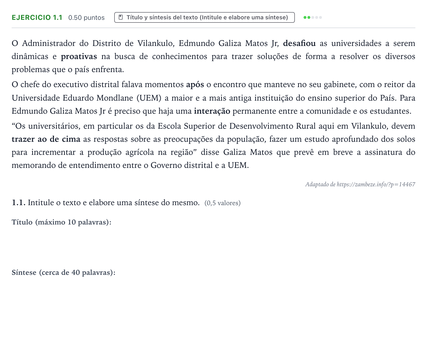 Enunciado: Ejercicio 1.1 · Portugués PAU Galicia Extraordinaria (2ª lengua extranjera) 2024