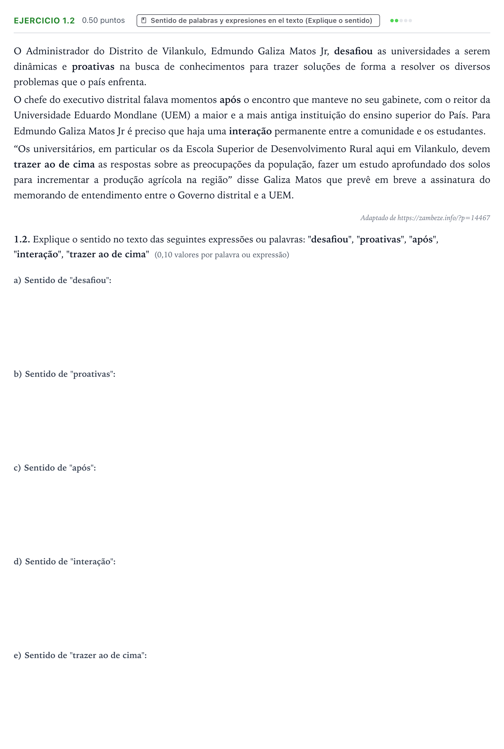Enunciado: Ejercicio 1.2 · Portugués PAU Galicia Extraordinaria (2ª lengua extranjera) 2024