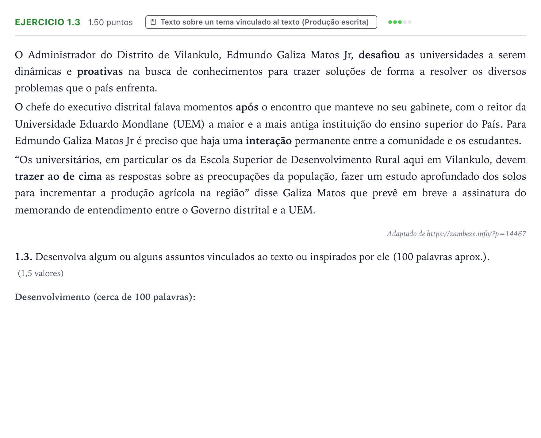 Enunciado: Ejercicio 1.3 · Portugués PAU Galicia Extraordinaria (2ª lengua extranjera) 2024
