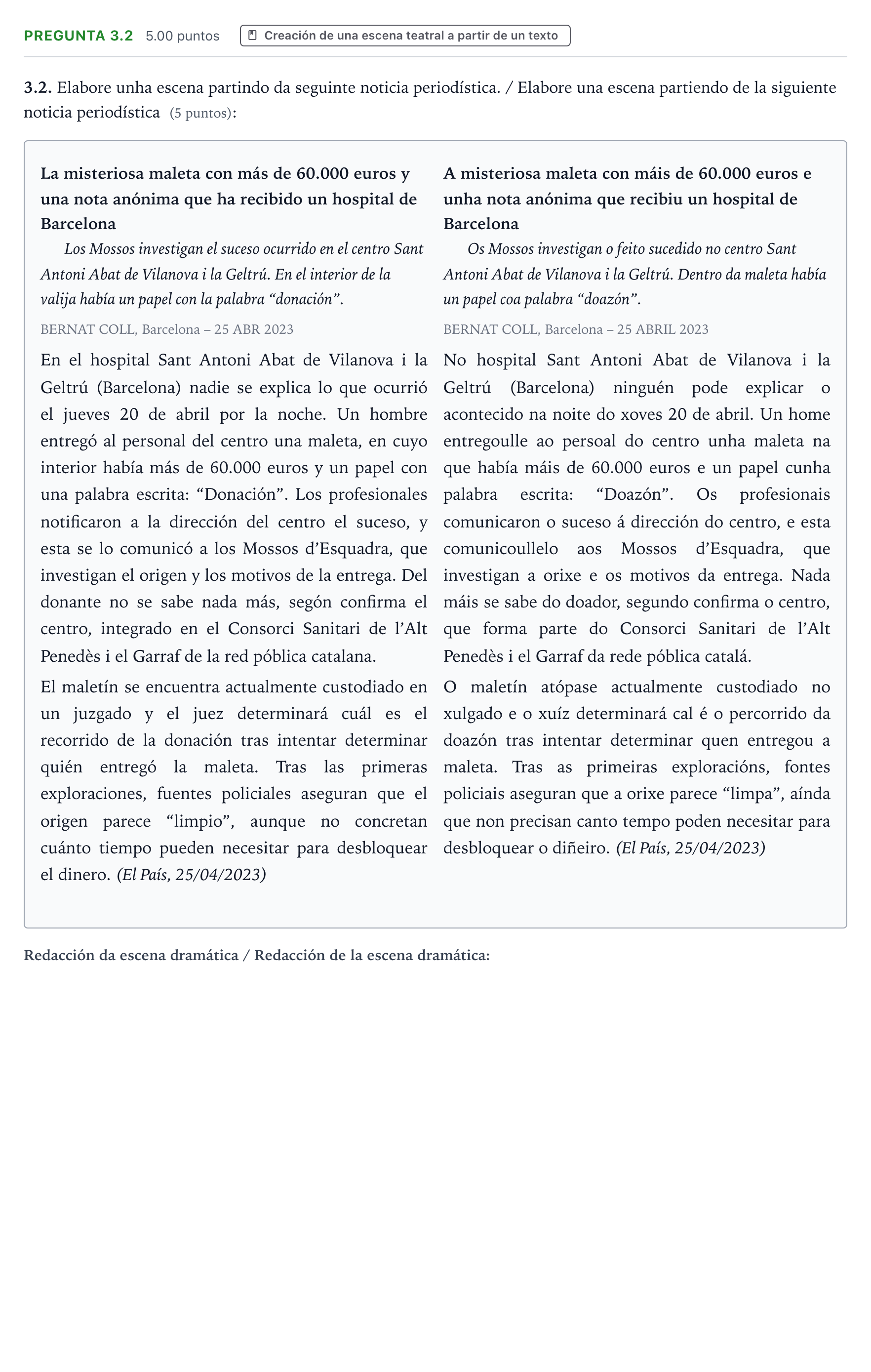 Enunciado: Pregunta 3.2 · Literatura Dramática PAU Galicia Ordinaria 2024