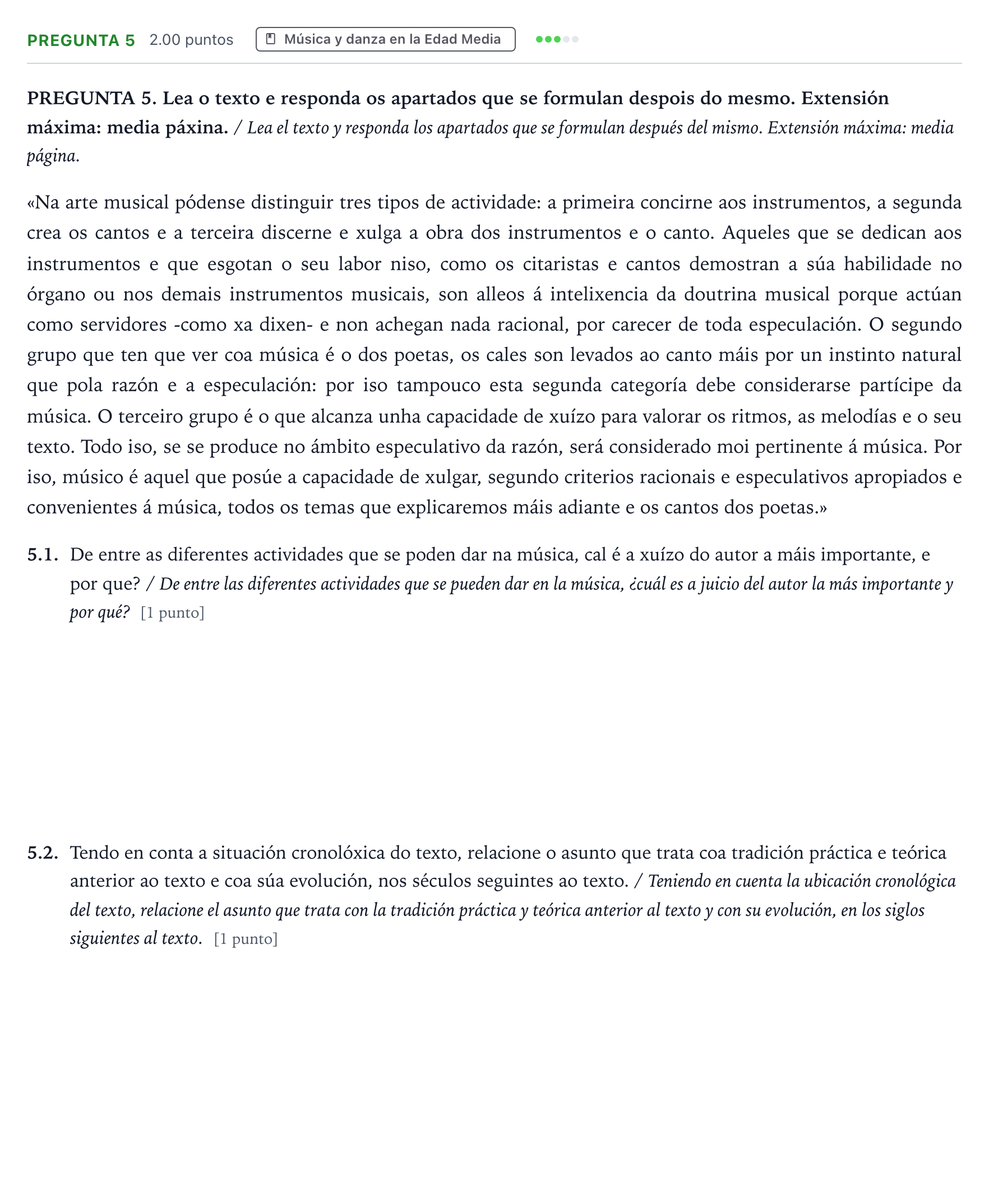 Enunciado: Pregunta 5 · Historia de la Música y de la Danza PAU Galicia Extraordinaria 2024