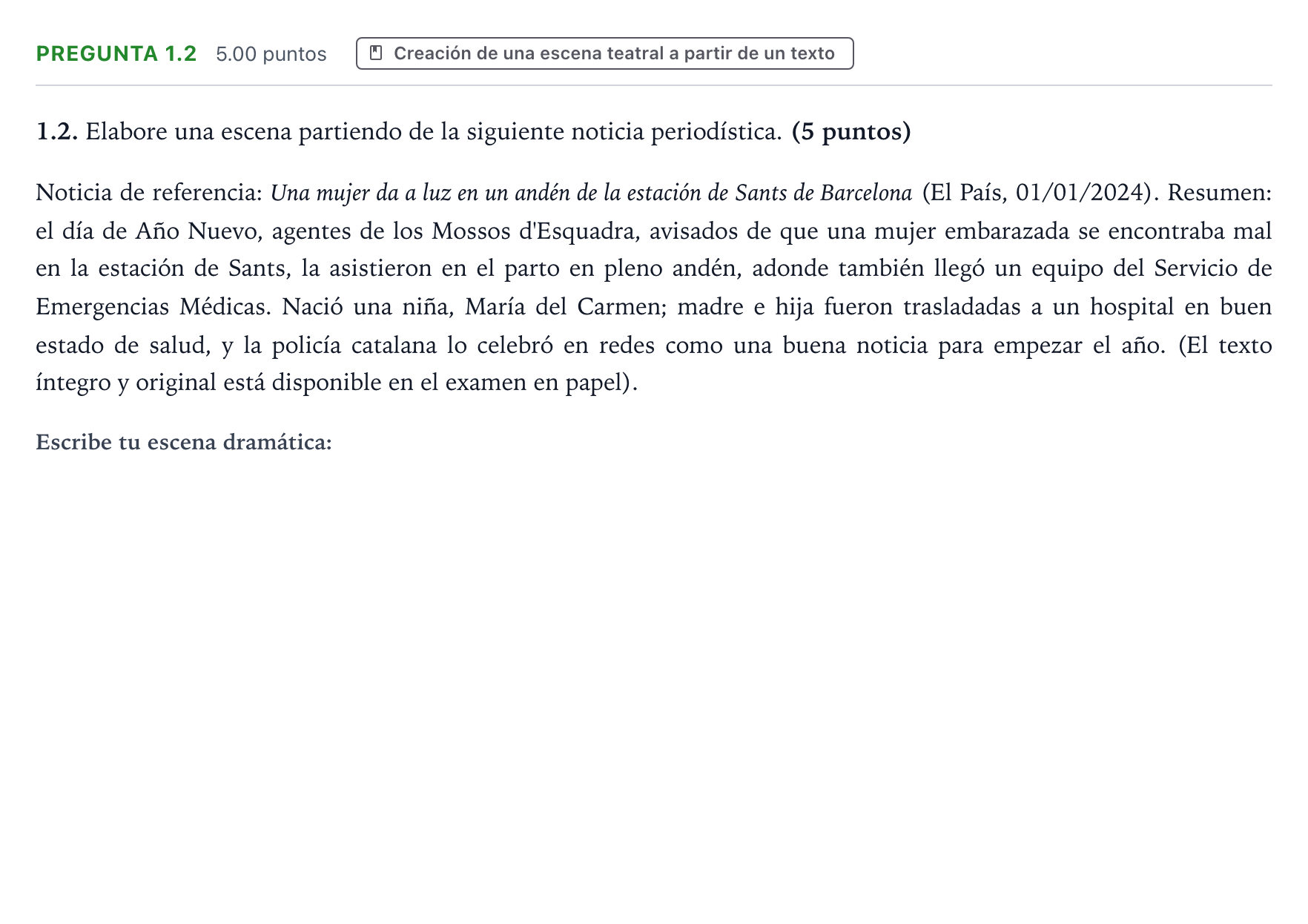 Enunciado: Pregunta 1.2 · Literatura Dramática PAU Galicia Extraordinaria 2024