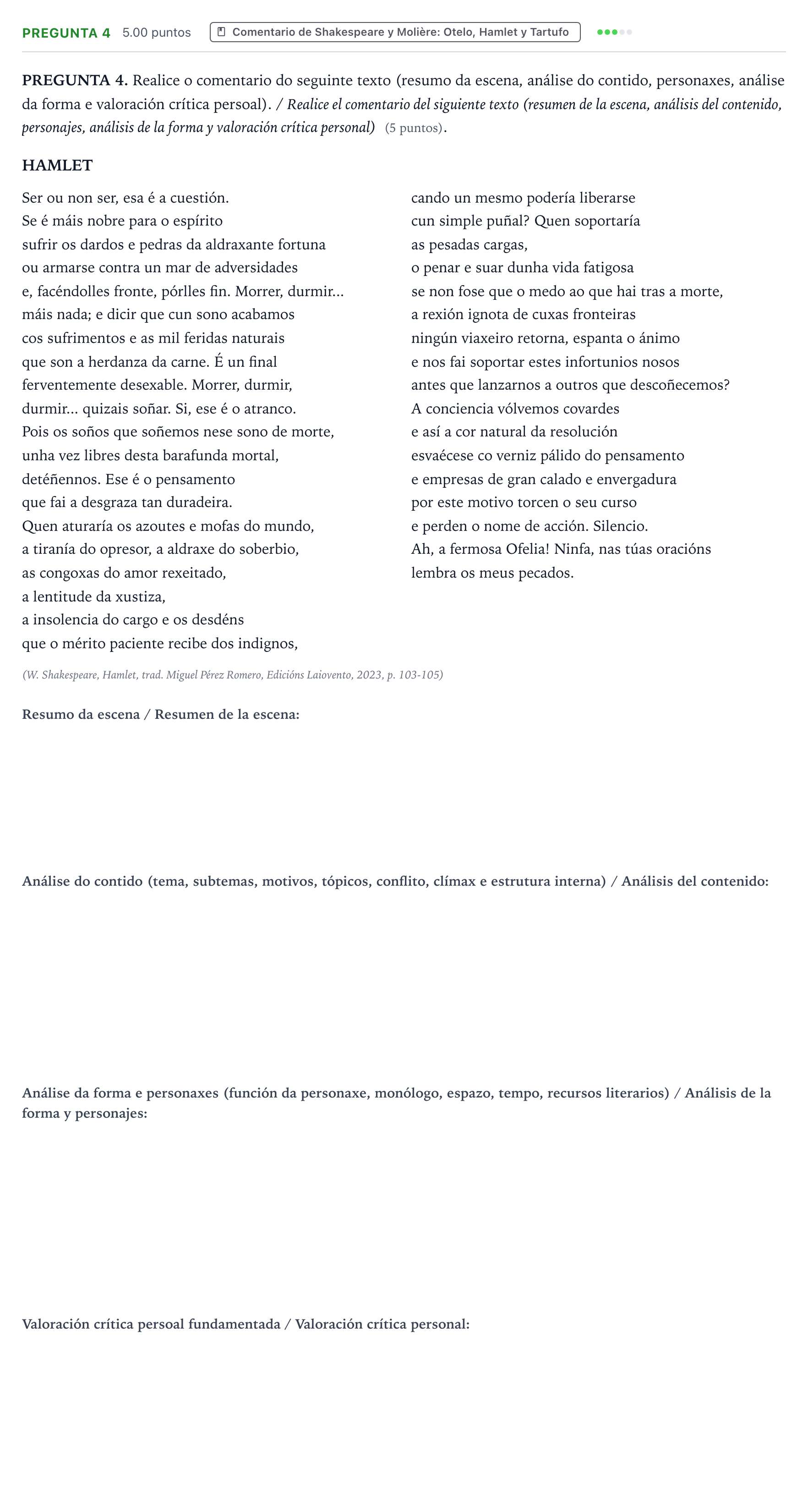 Enunciado: Pregunta 4 · Literatura Dramática PAU Galicia Extraordinaria 2024