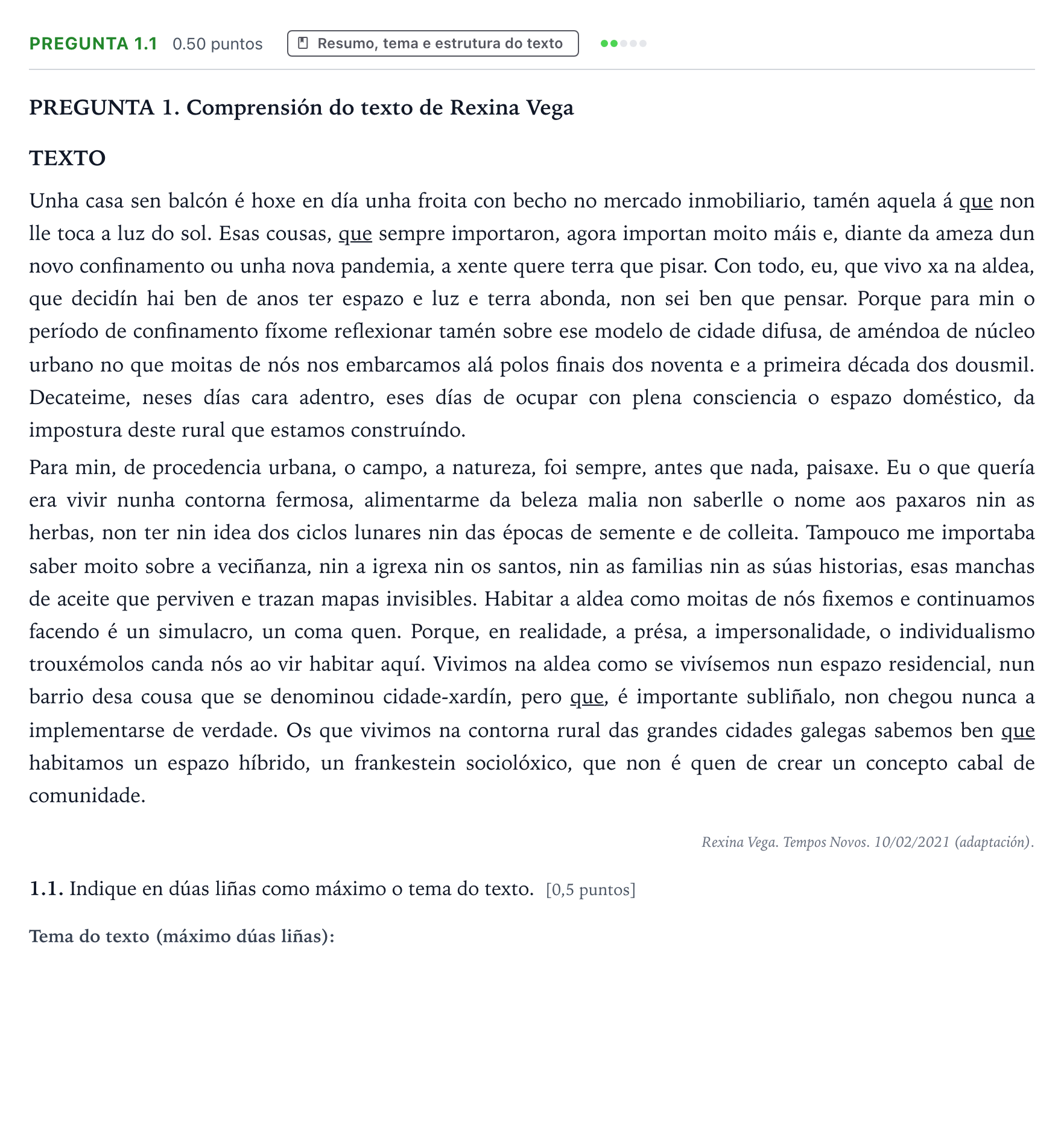 Enunciado: Pregunta 1.1 · Lingua Galega e Literatura II PAU Galicia Ordinaria 2023